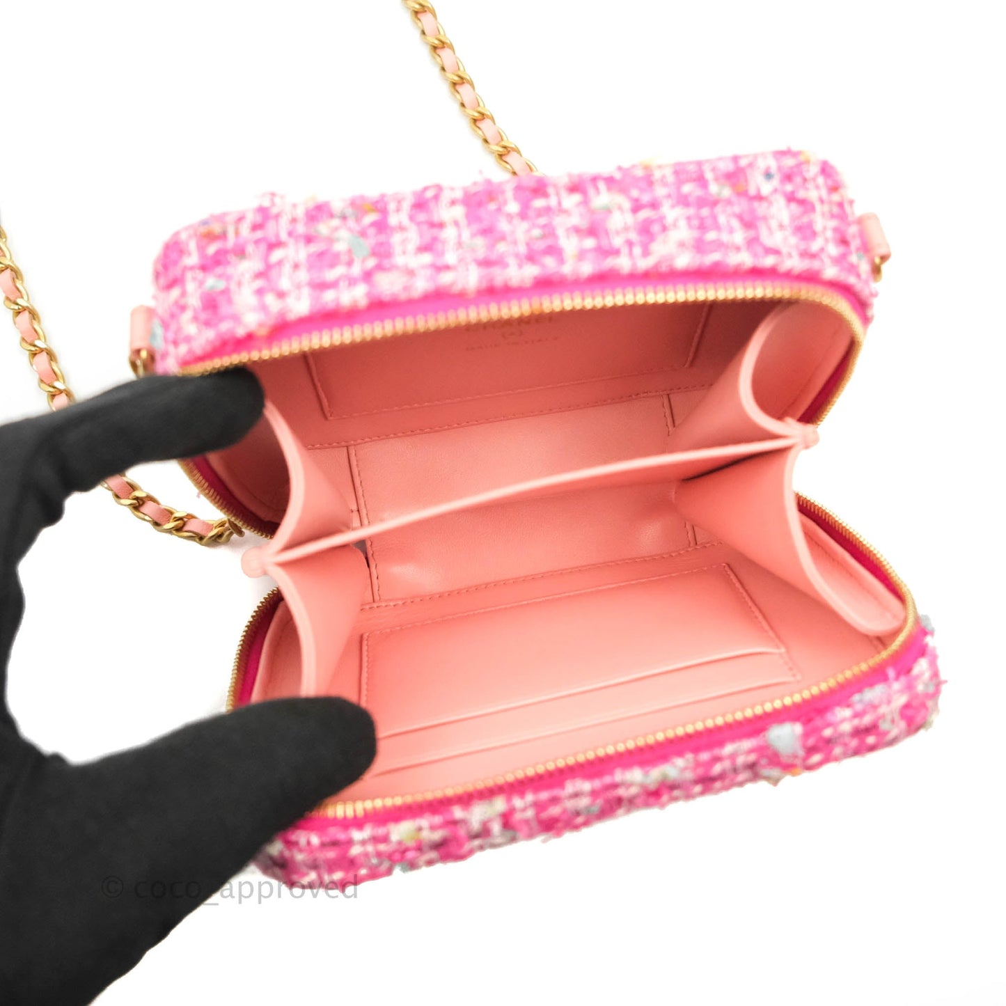 Chanel CC Filigree Vanity Clutch With Chain Pink Tweed
