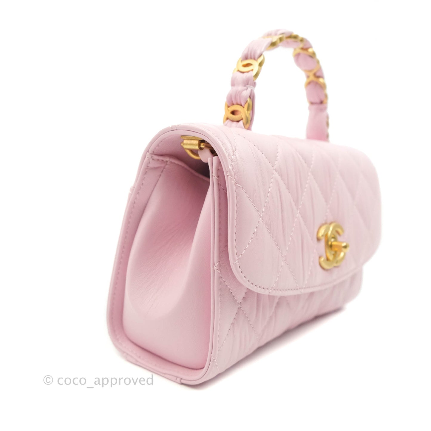 Chanel Mini Flap Bag with Top Handle Pink Crumpled Lambskin Aged Gold Hardware