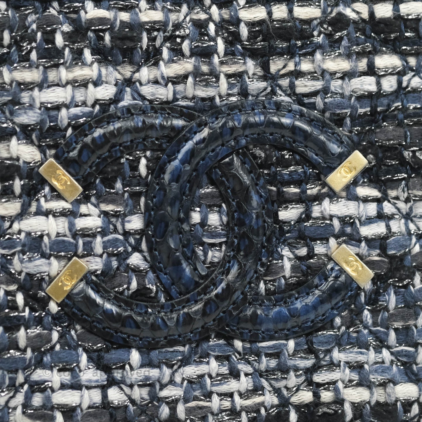 Chanel Quilted Small CC Filigree Vanity Case Navy Tweed Python Handle