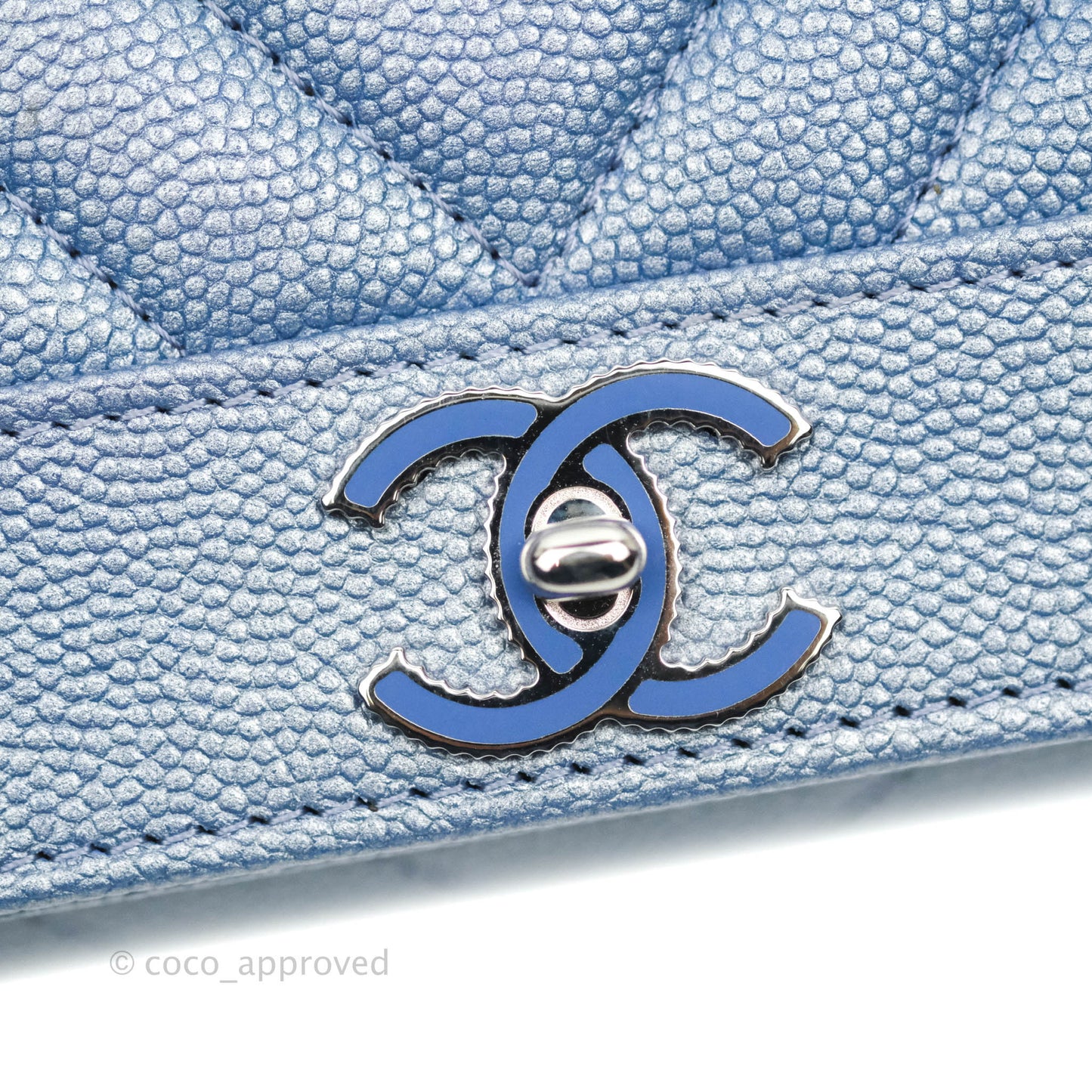 Chanel Chevron Mademoiselle Wallet Iridescent Blue Caviar Silver Hardware