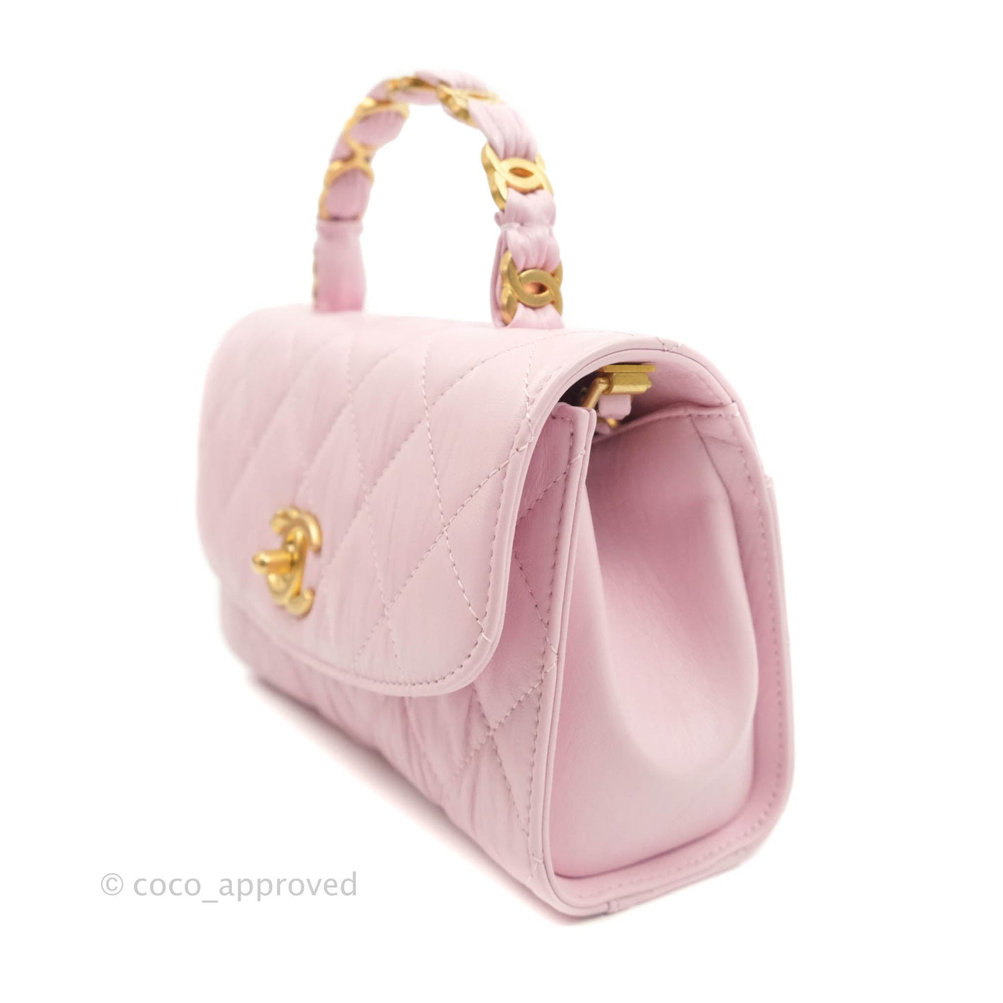 Chanel Mini Flap Bag with Top Handle Pink Crumpled Lambskin Aged Gold Hardware