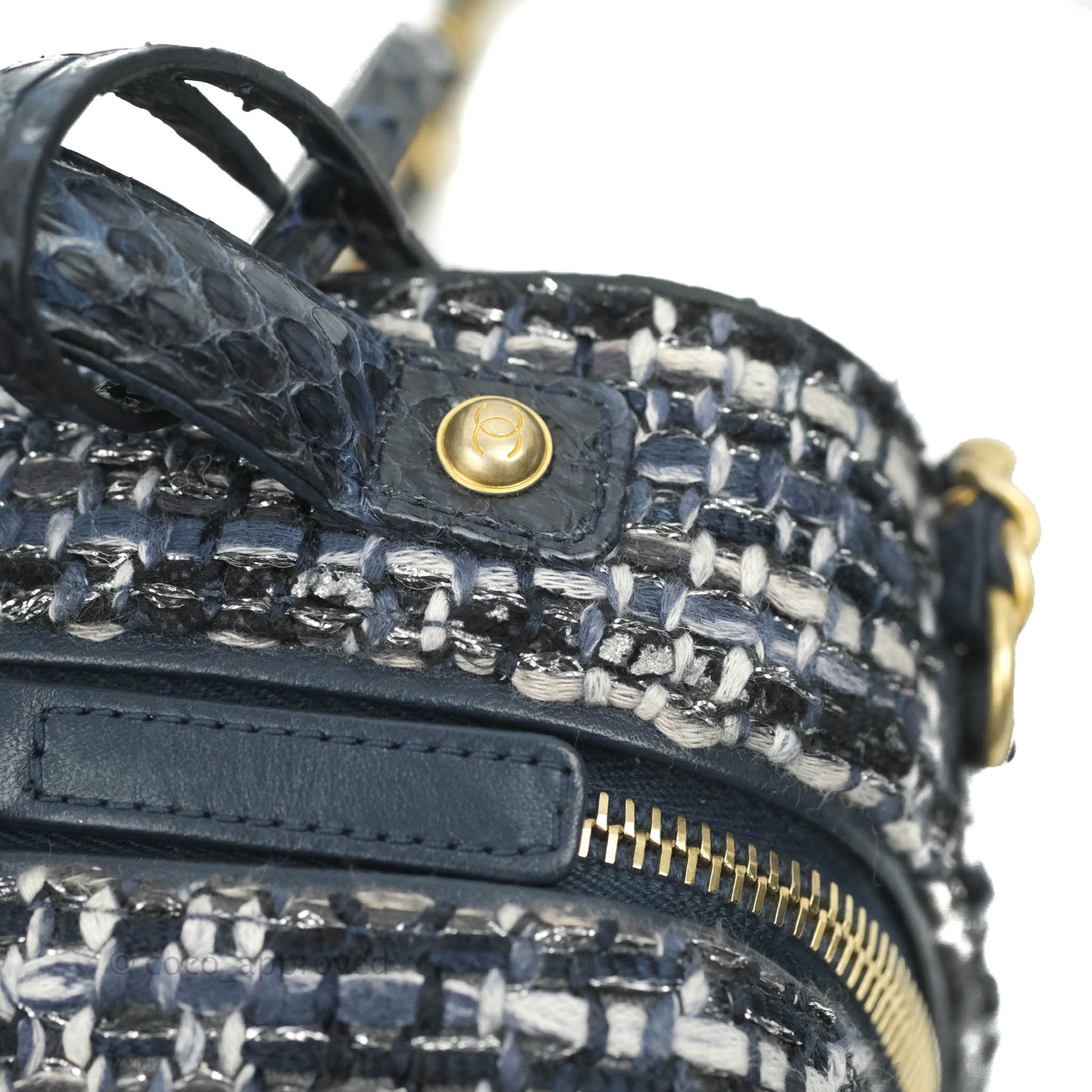 Chanel Quilted Small CC Filigree Vanity Case Navy Tweed Python Handle
