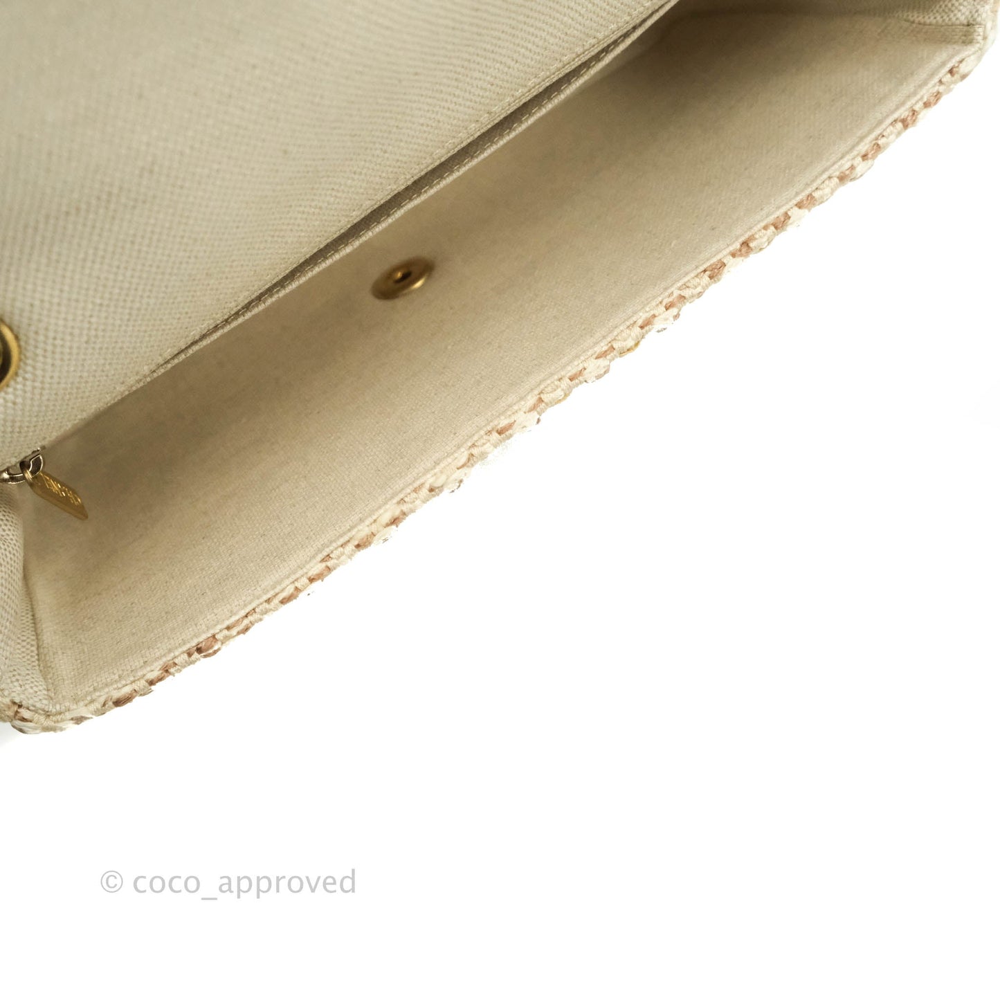 Chanel M/L Medium Flap Beige Tweed Chain Braid Aged Gold Hardware 19P