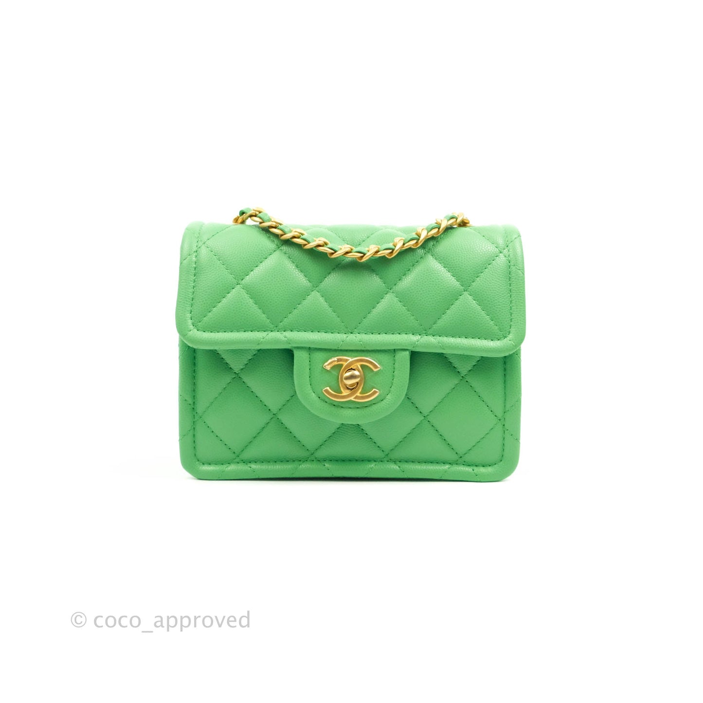 Chanel Mini Square Sweet Quilted Flap Green Caviar Aged Gold Hardware 21P
