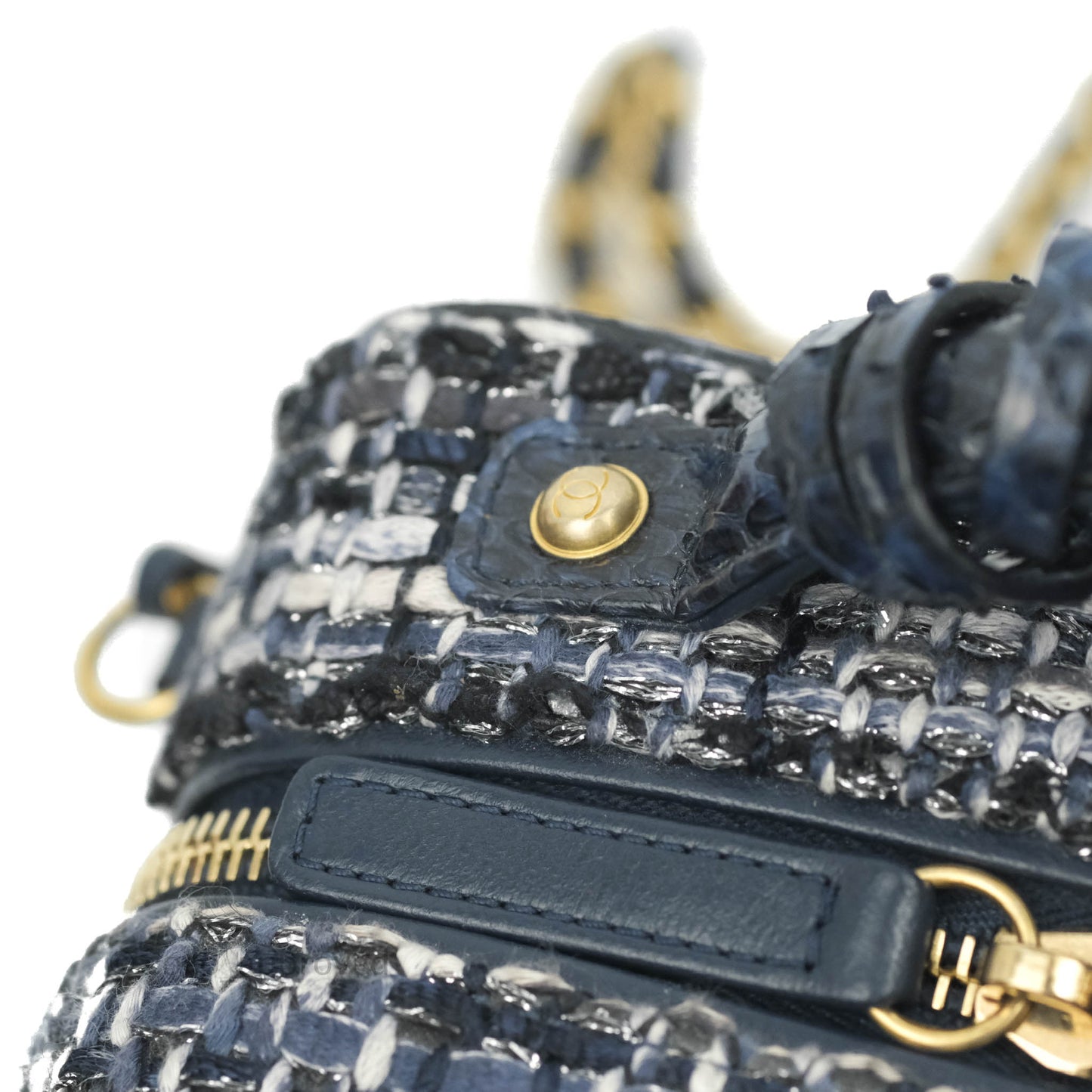 Chanel Quilted Small CC Filigree Vanity Case Navy Tweed Python Handle