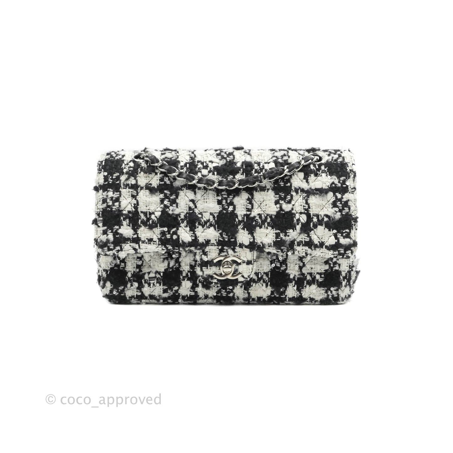 Chanel Quilted M/L Medium Double Flap Black White Tweed Silver Hardware