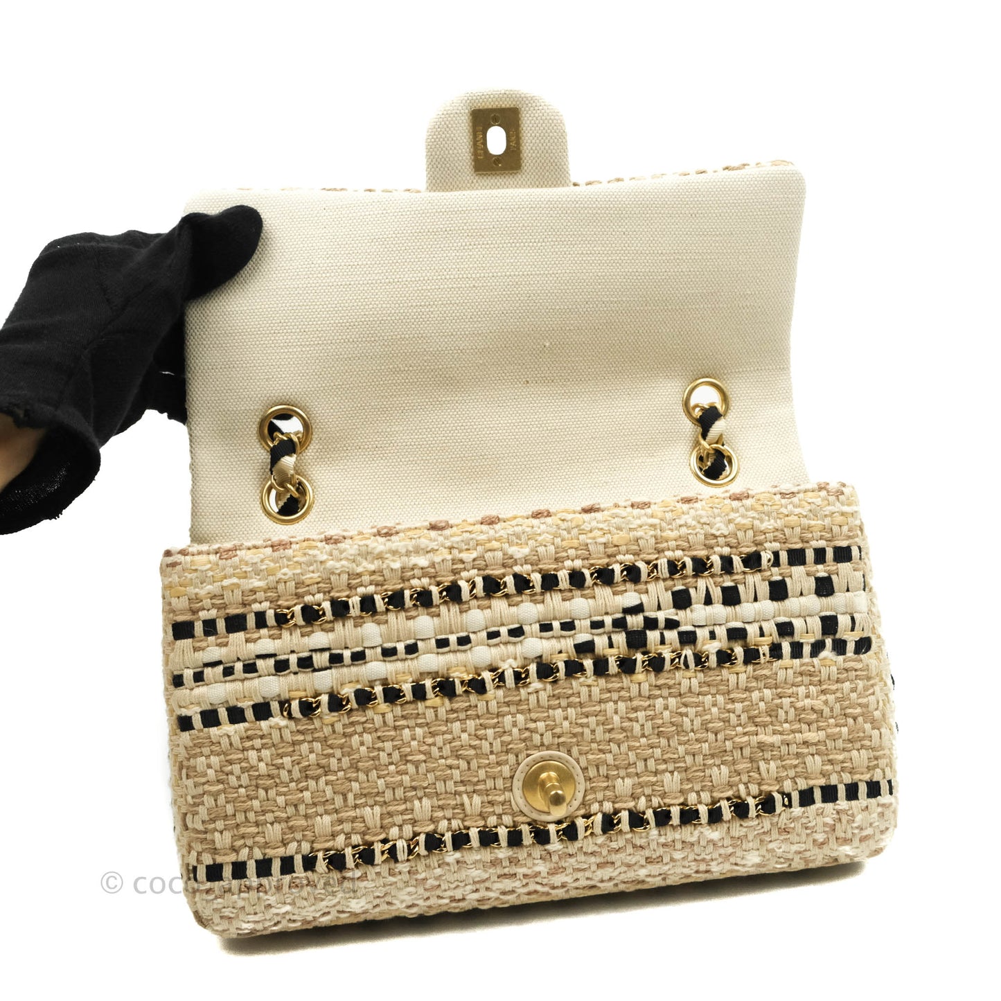 Chanel M/L Medium Flap Beige Tweed Chain Braid Aged Gold Hardware 19P