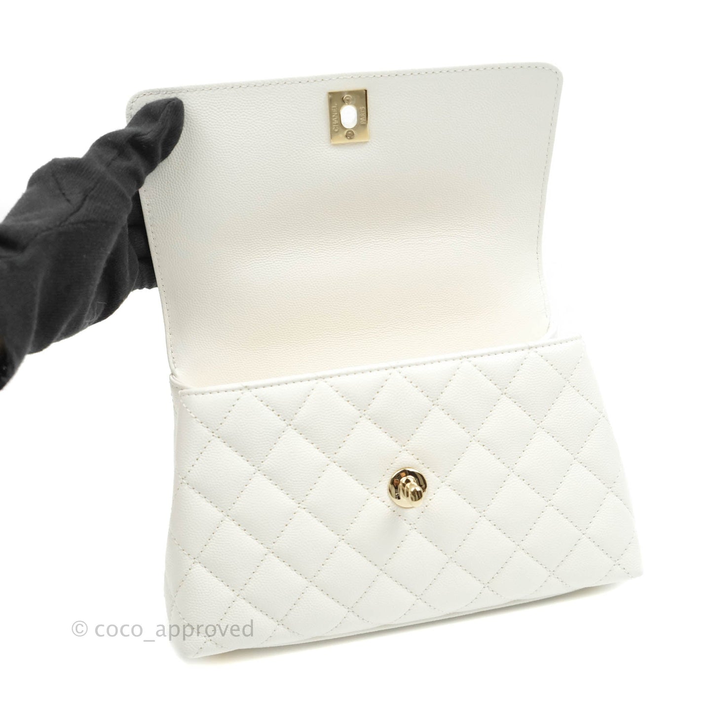 Chanel Mini (Small) Coco Handle Quilted White Caviar Gold Hardware