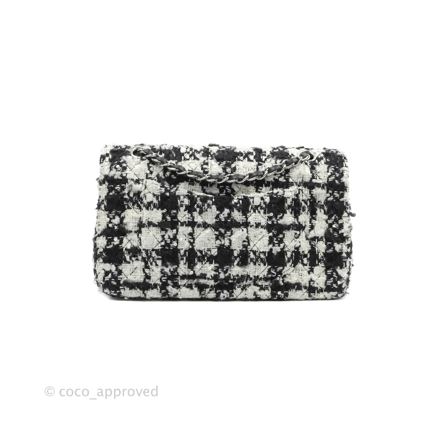 Chanel Quilted M/L Medium Double Flap Black White Tweed Silver Hardware