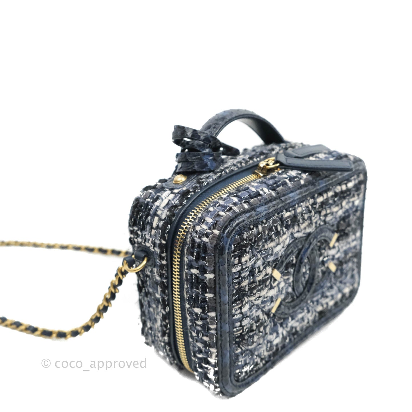 Chanel Quilted Small CC Filigree Vanity Case Navy Tweed Python Handle