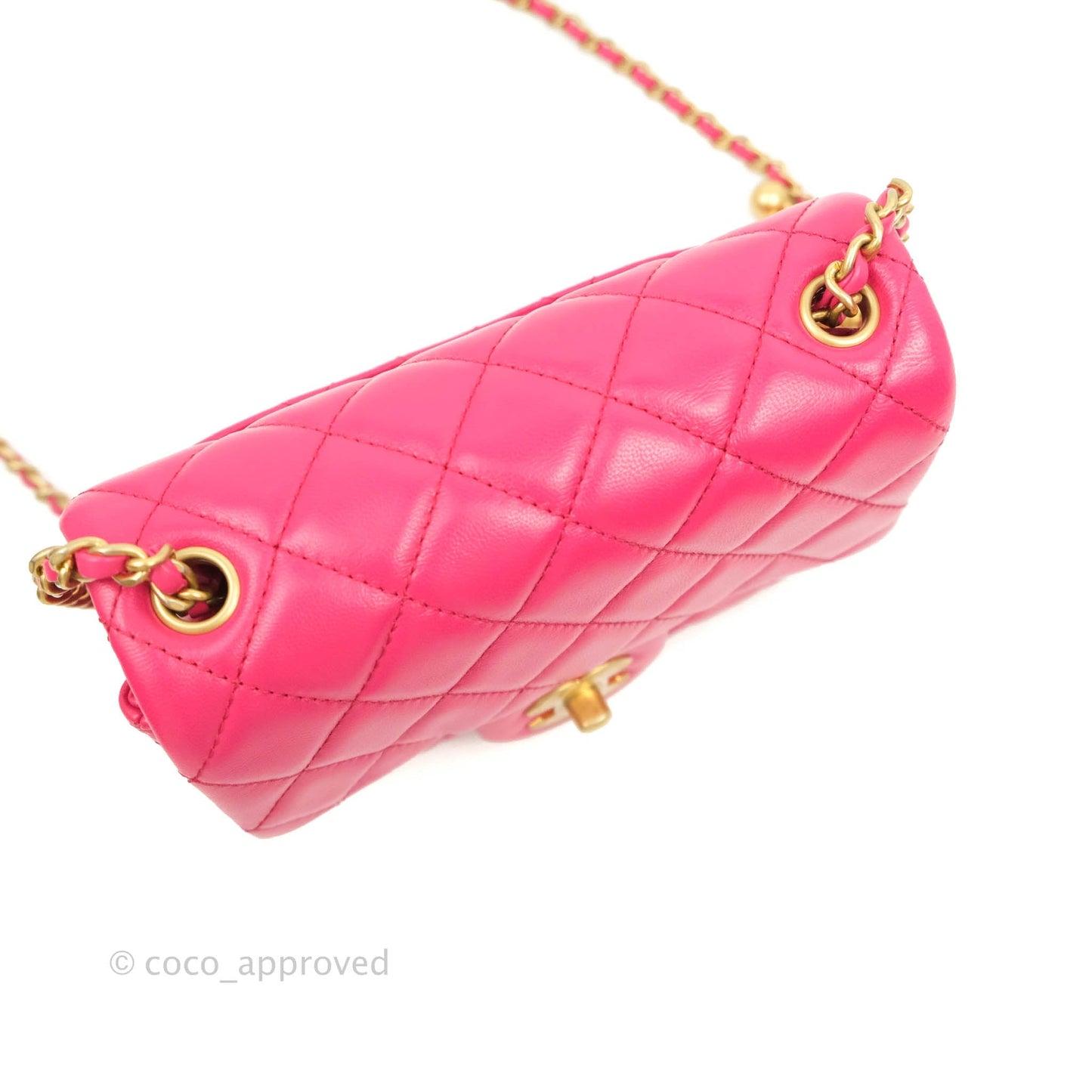 Chanel Pearl Crush Mini Square Quilted Pink Lambskin Aged Gold Hardware