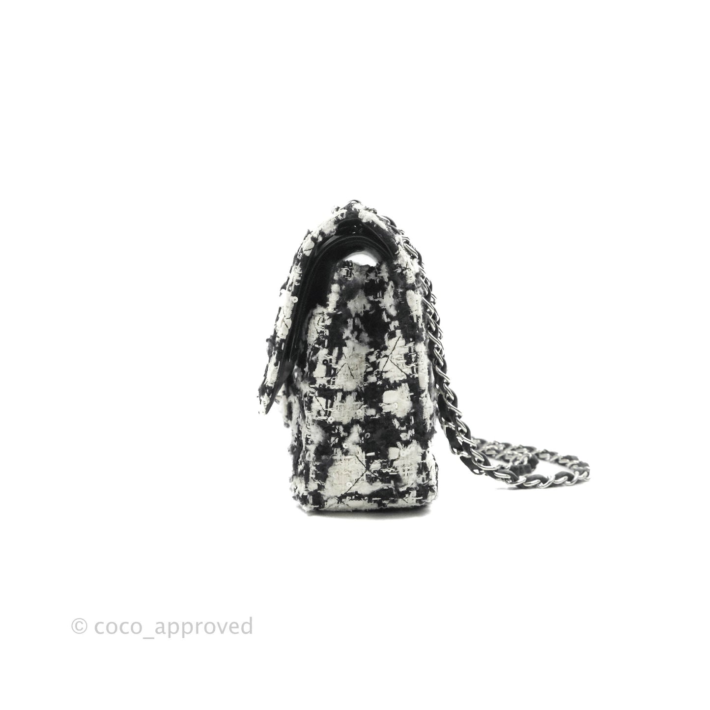Chanel Quilted M/L Medium Double Flap Black White Tweed Silver Hardware