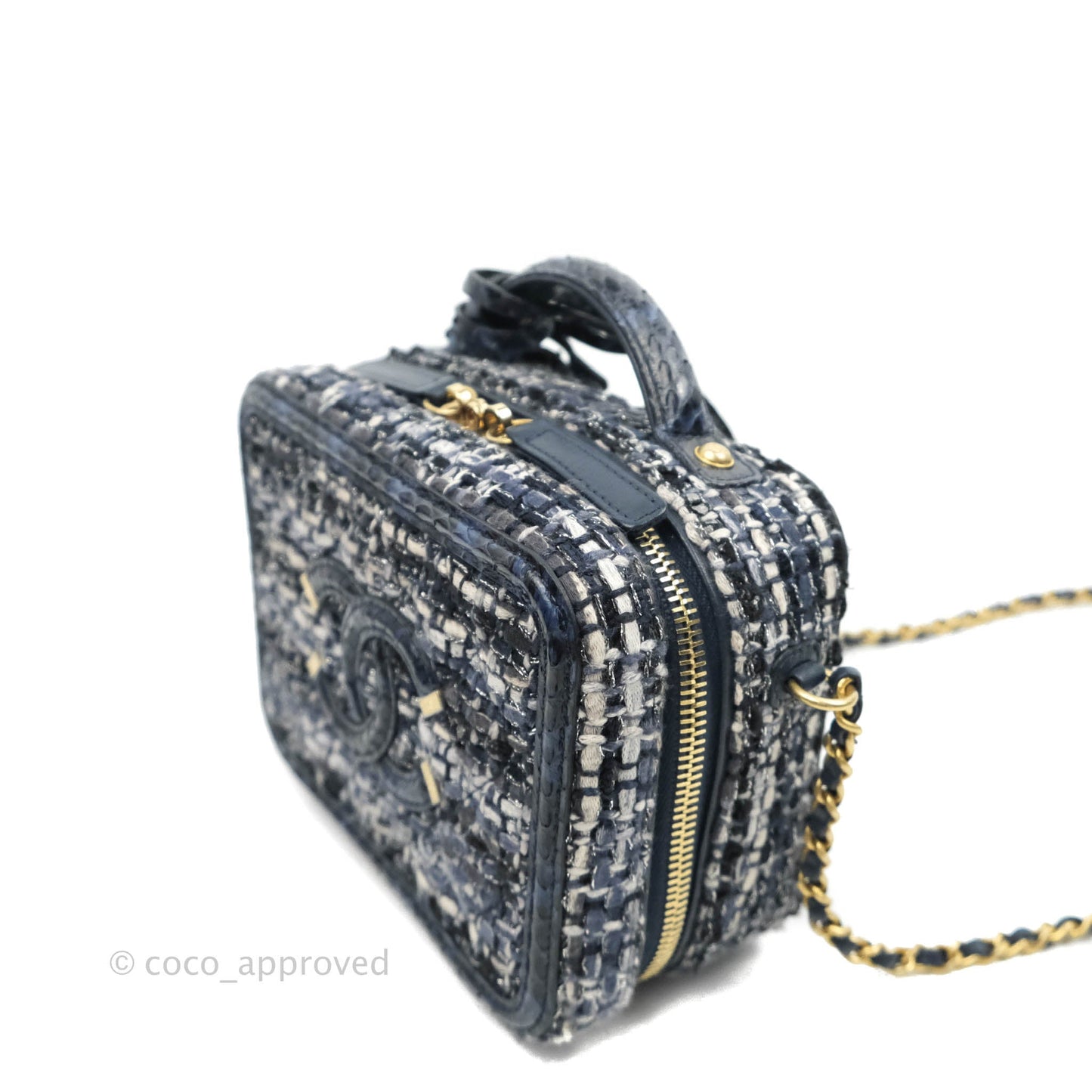 Chanel Quilted Small CC Filigree Vanity Case Navy Tweed Python Handle