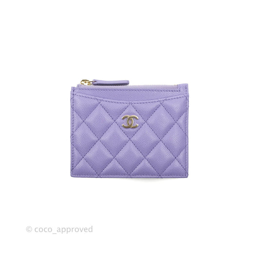 Chanel Quilted CC Zipped Card Holder Caviar Purple Gold Hardware