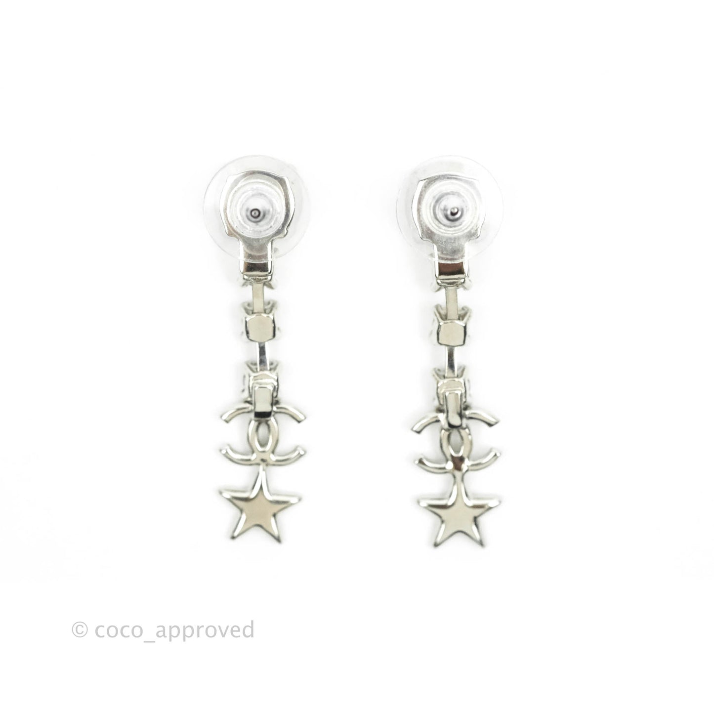 Chanel Crystal CC Star Drop Earrings Silver Tone 20P