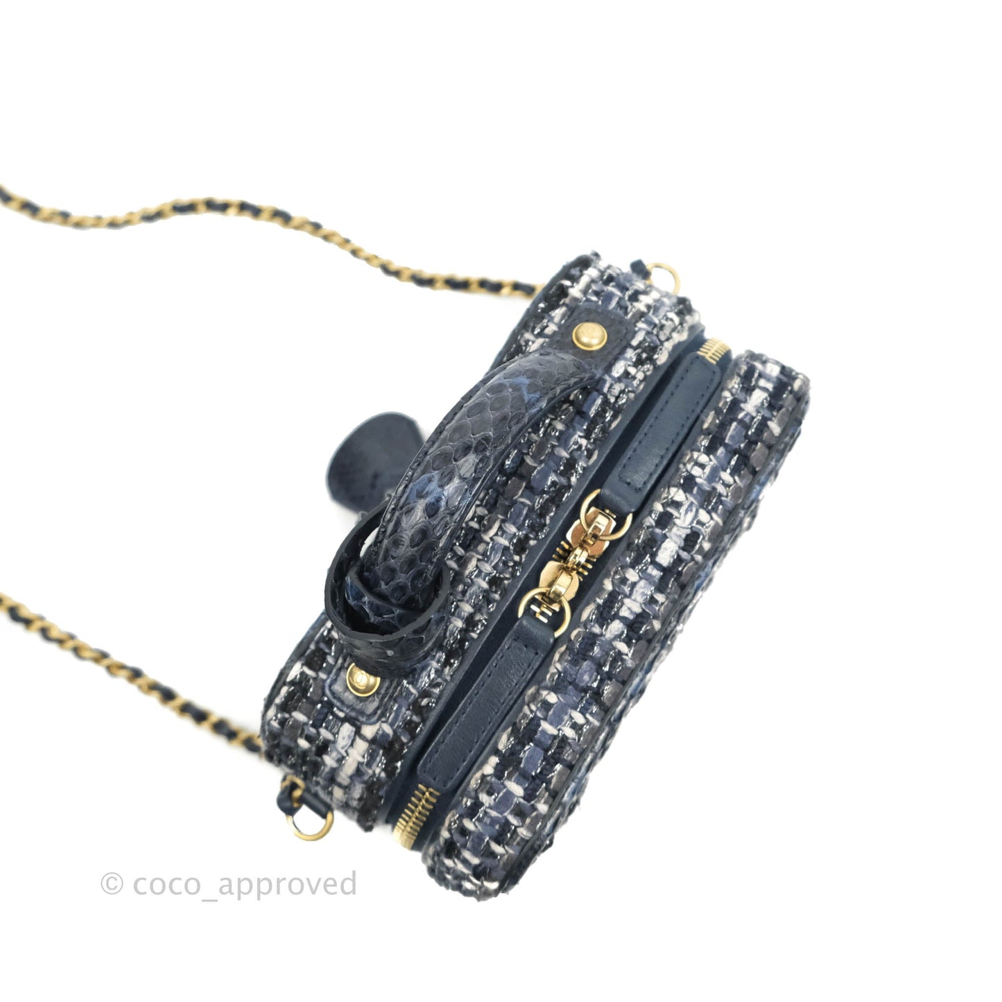 Chanel Quilted Small CC Filigree Vanity Case Navy Tweed Python Handle