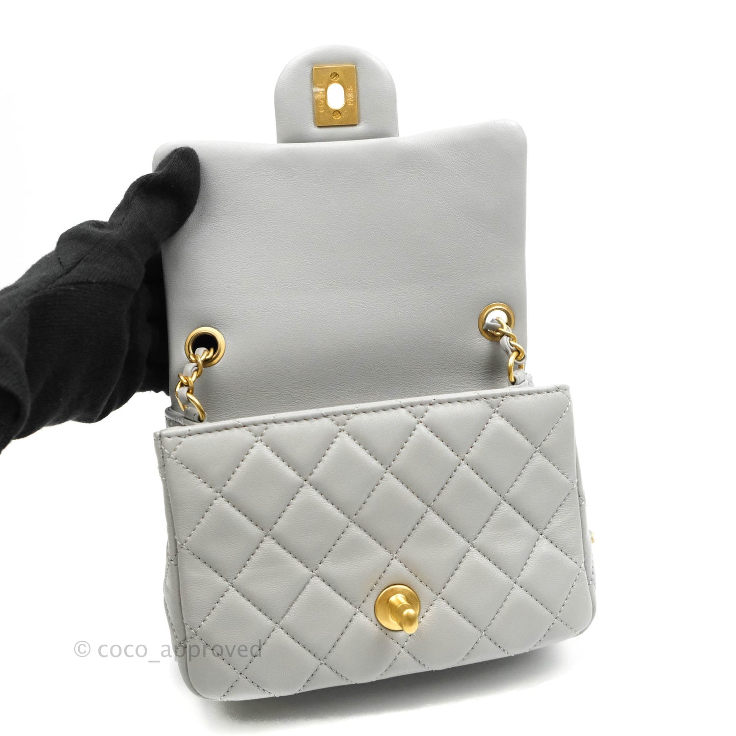 Chanel Pearl Crush Mini Square Quilted Grey Lambskin Aged Gold Hardware