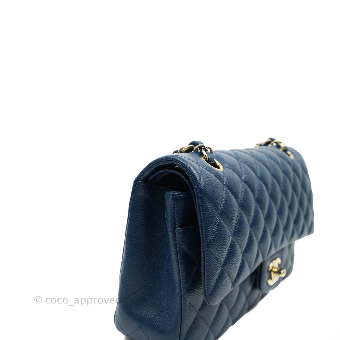 Chanel Quilted M/L Medium Double Flap Blue Caviar Gold Hardware 19C