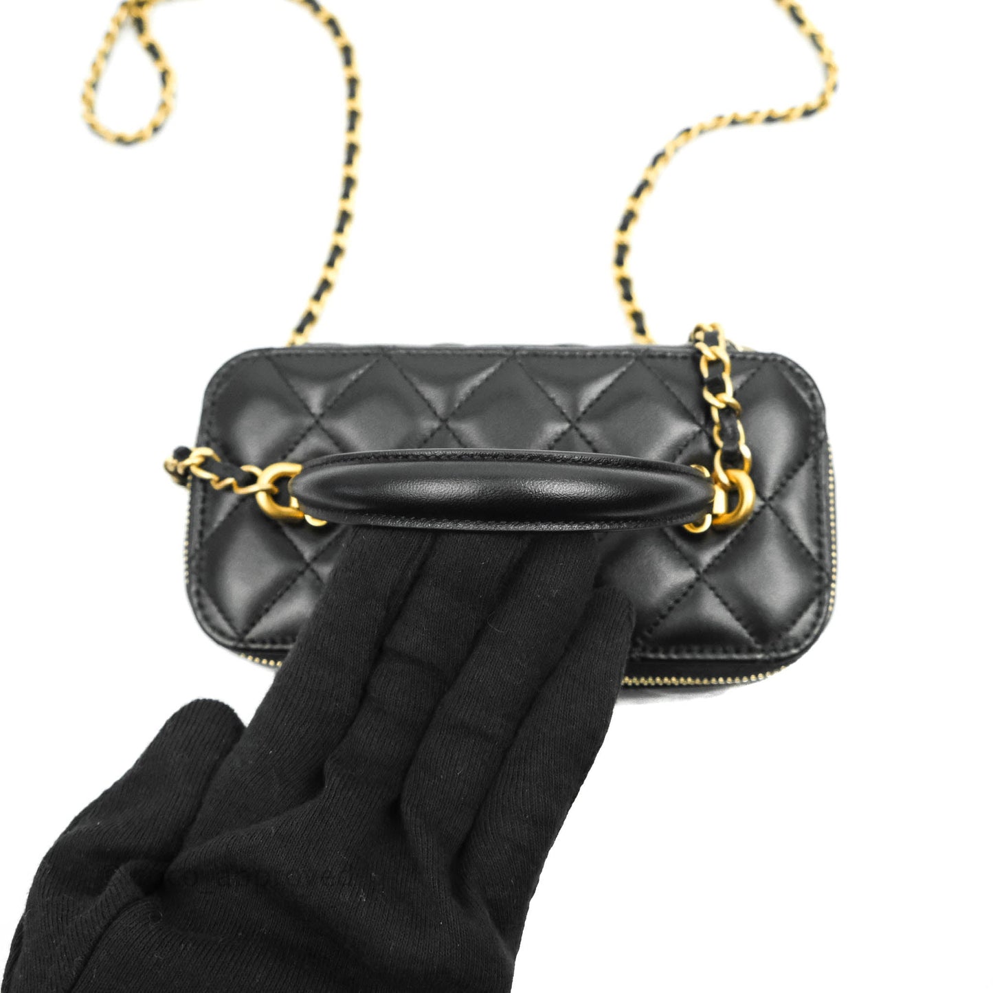 Chanel Classic Vanity Rectangular Top Handle With Chain Black Lambskin Aged Gold Hardware