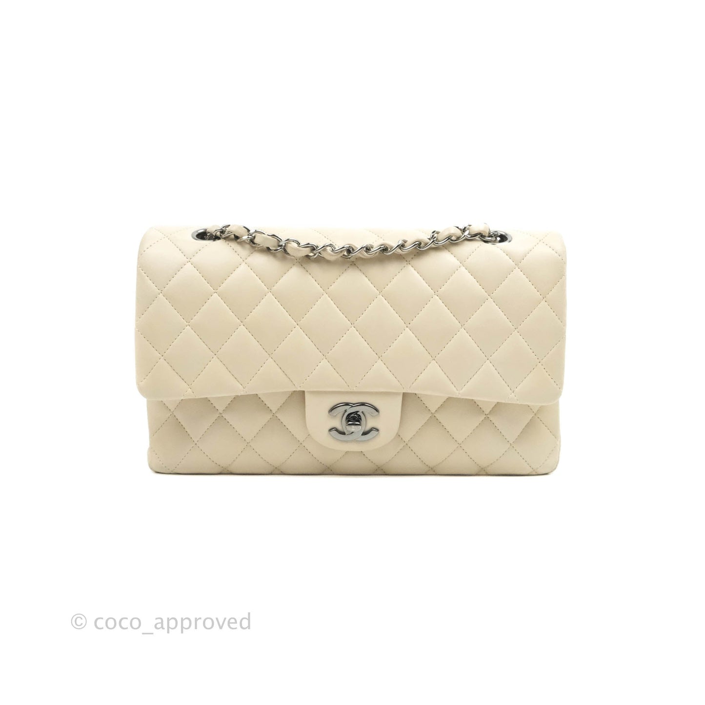 Chanel Classic M/L Medium Double Flap Light Beige Lambskin Gun Metal