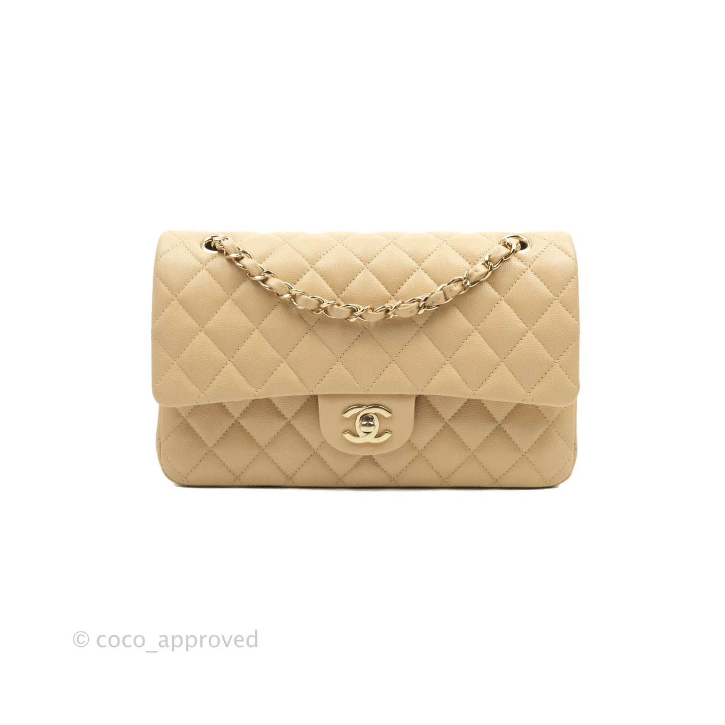 Chanel Quilted M/L Medium Double Flap Beige Caviar Gold Hardware 19C