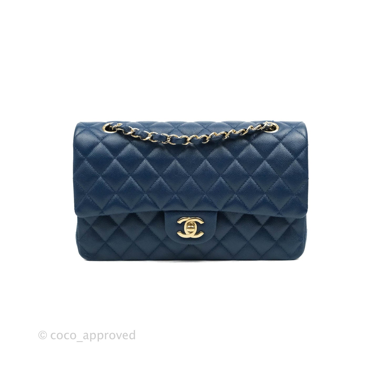 Chanel Quilted M/L Medium Double Flap Blue Caviar Gold Hardware 19C