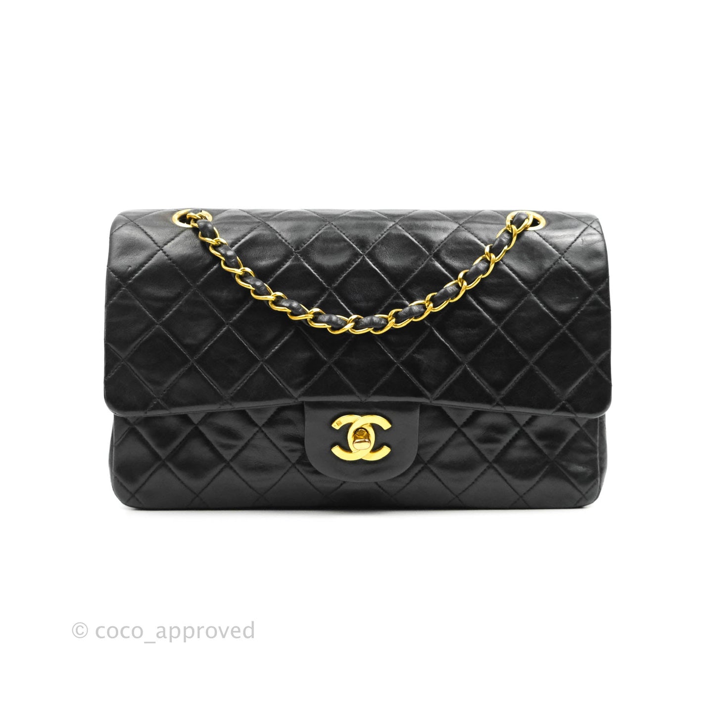 Chanel Vintage Classic M/L Medium Double Flap Bag Black Lambskin 24K Gold Hardware
