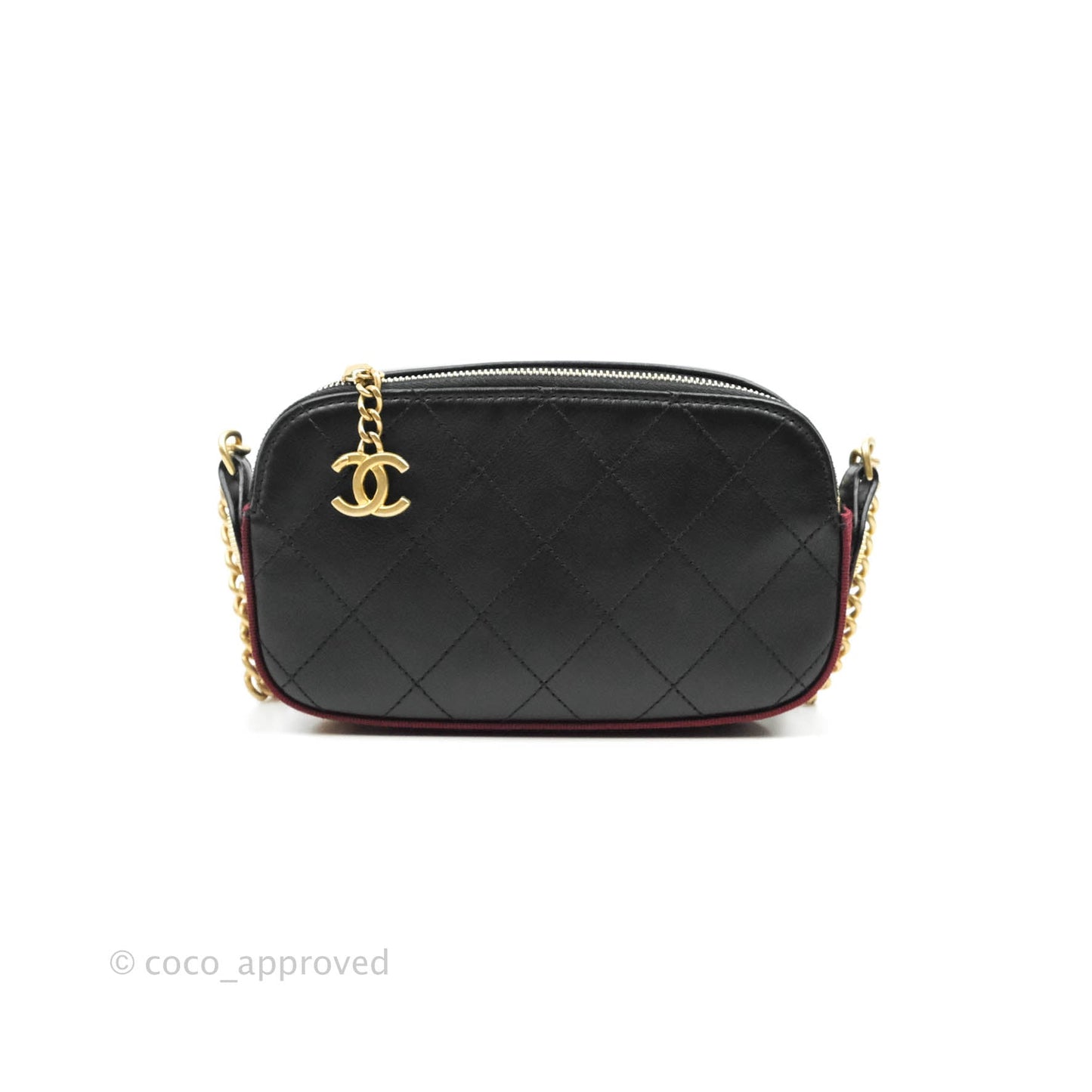 Chanel Small Button Up Camera Case Bag Black Calfskin Grosgrain Aged Gold Hardware