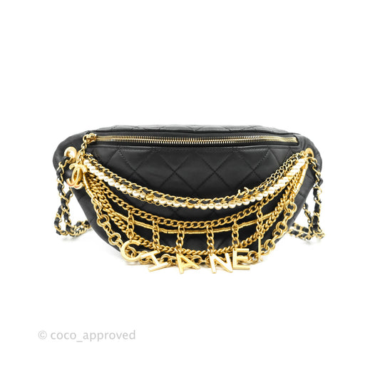 Chanel Quilted All About Chains Waist Belt Bag Black Lambskin Aged Gold Hardware