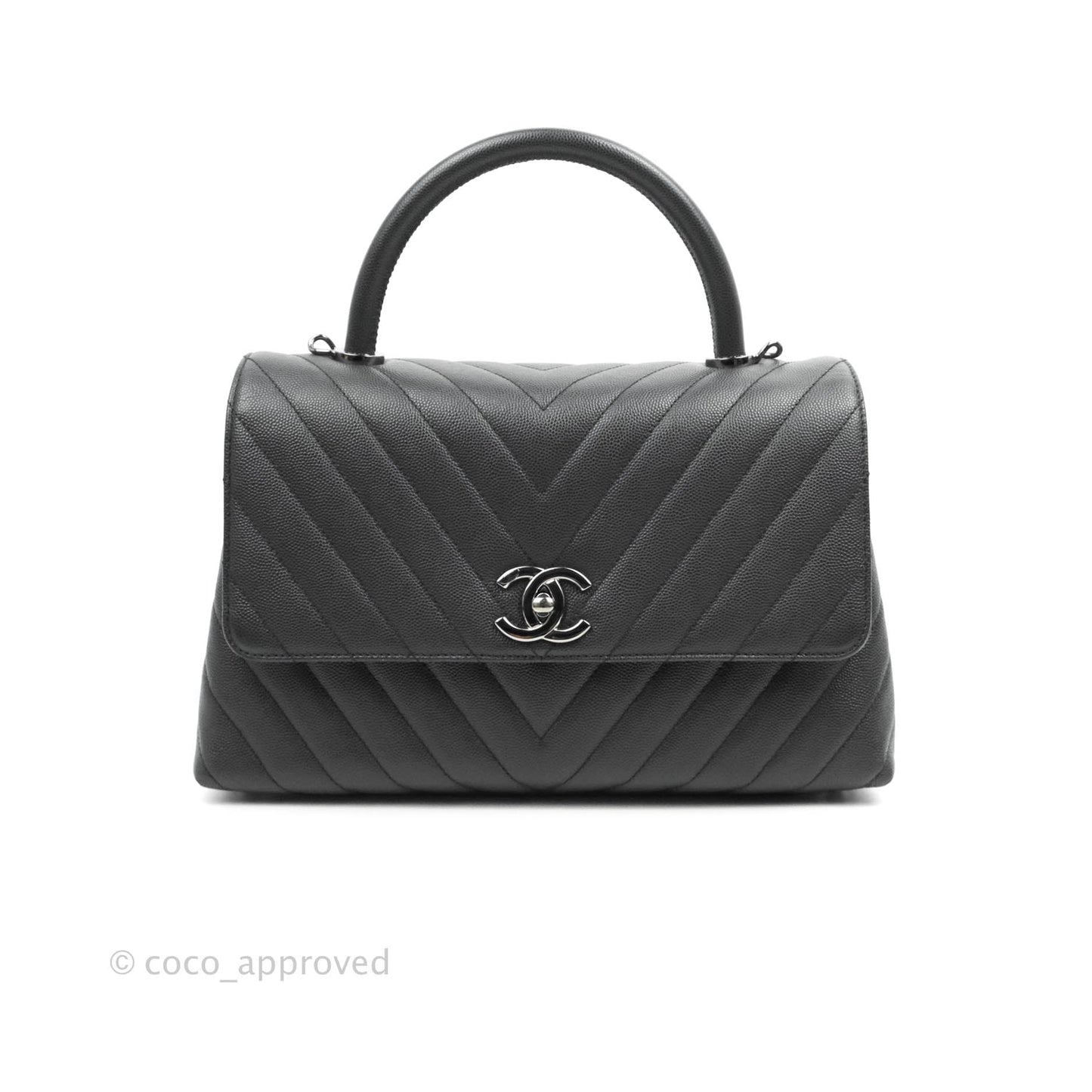 Chanel Medium (Small) Coco Handle Chevron Dark Grey Caviar Black Hardware