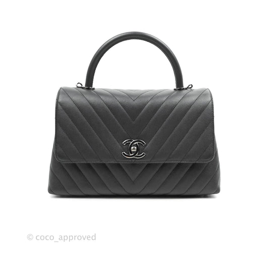 Chanel Medium (Small) Coco Handle Chevron Dark Grey Caviar Black Hardware