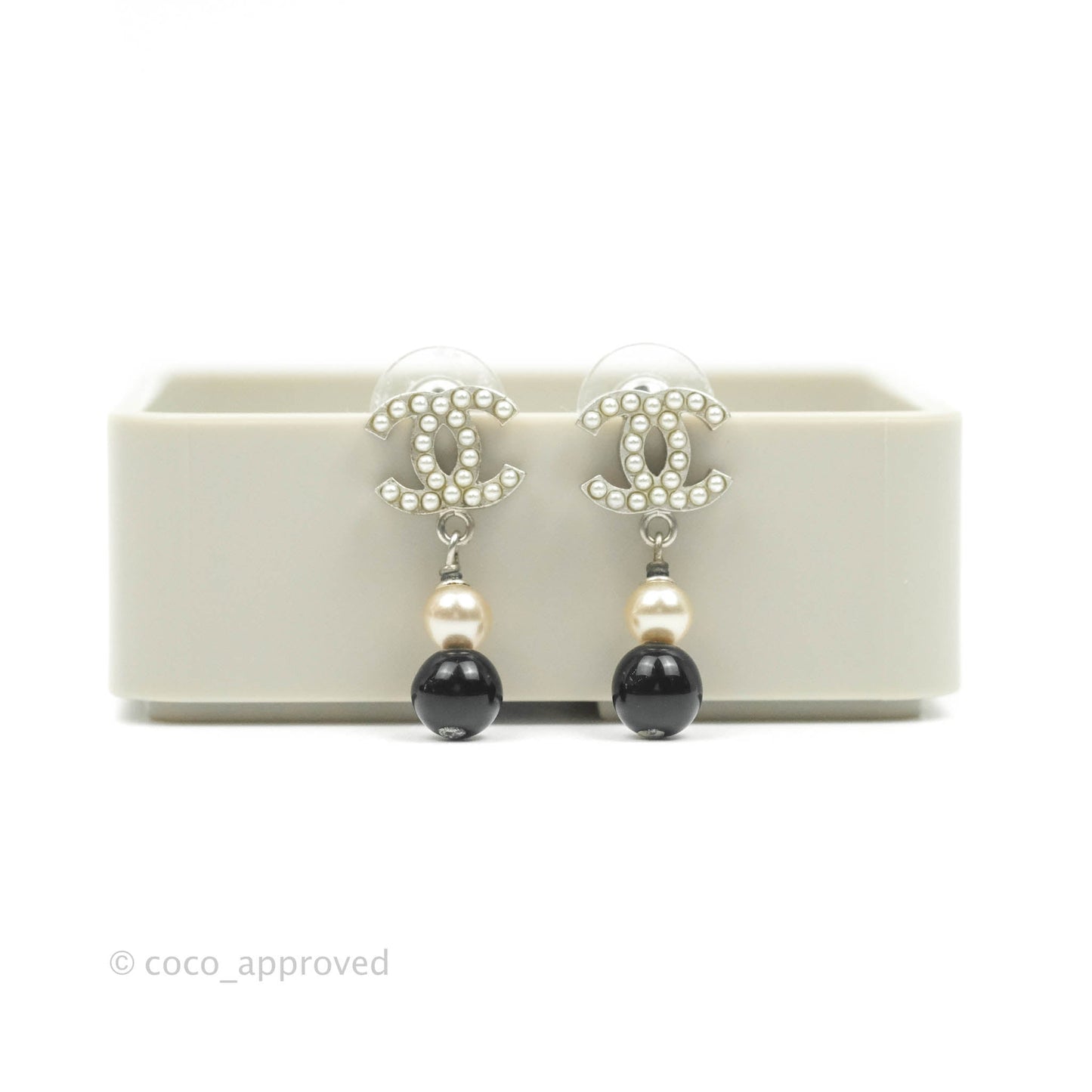 Chanel Crystal CC Drop Pearl Earrings Silver Tone