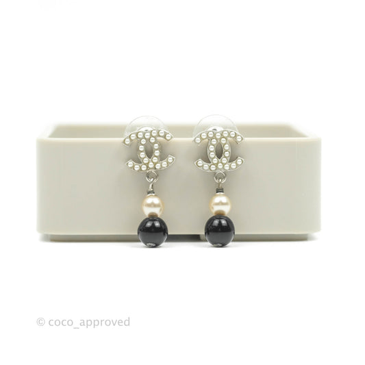 Chanel Crystal CC Drop Pearl Earrings Silver Tone