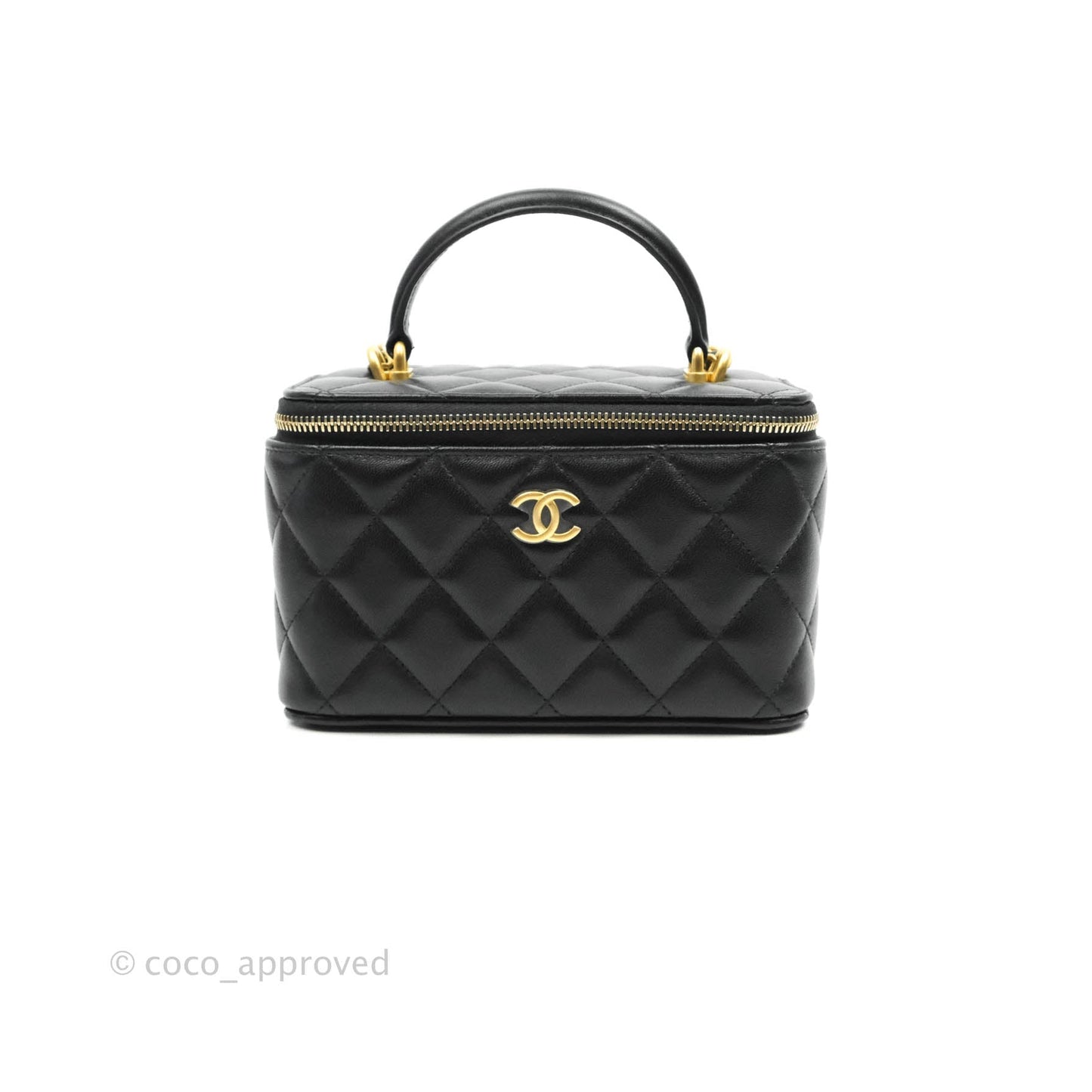 Chanel Classic Vanity Rectangular Top Handle With Chain Black Lambskin Aged Gold Hardware