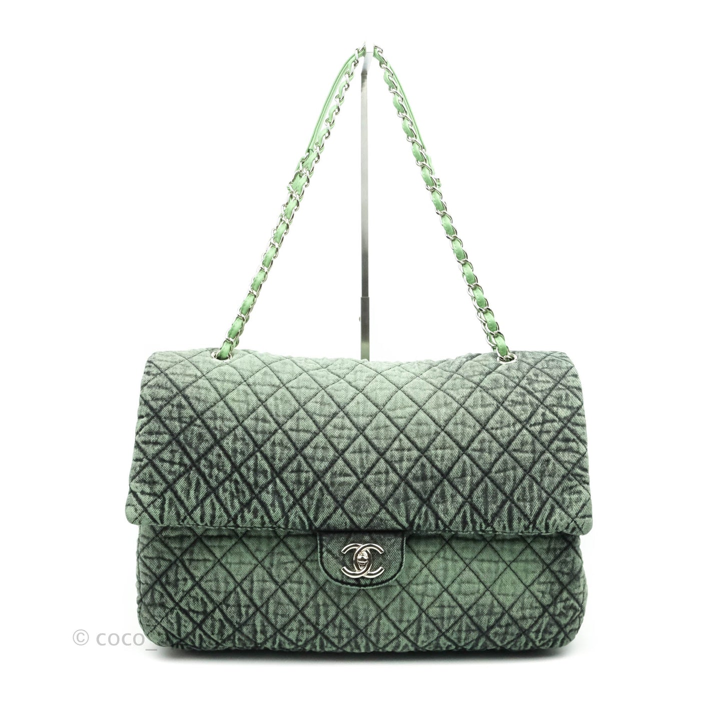 Chanel Small XXL Denimpression Flap Bag Aged Green Denim Silver Hardware