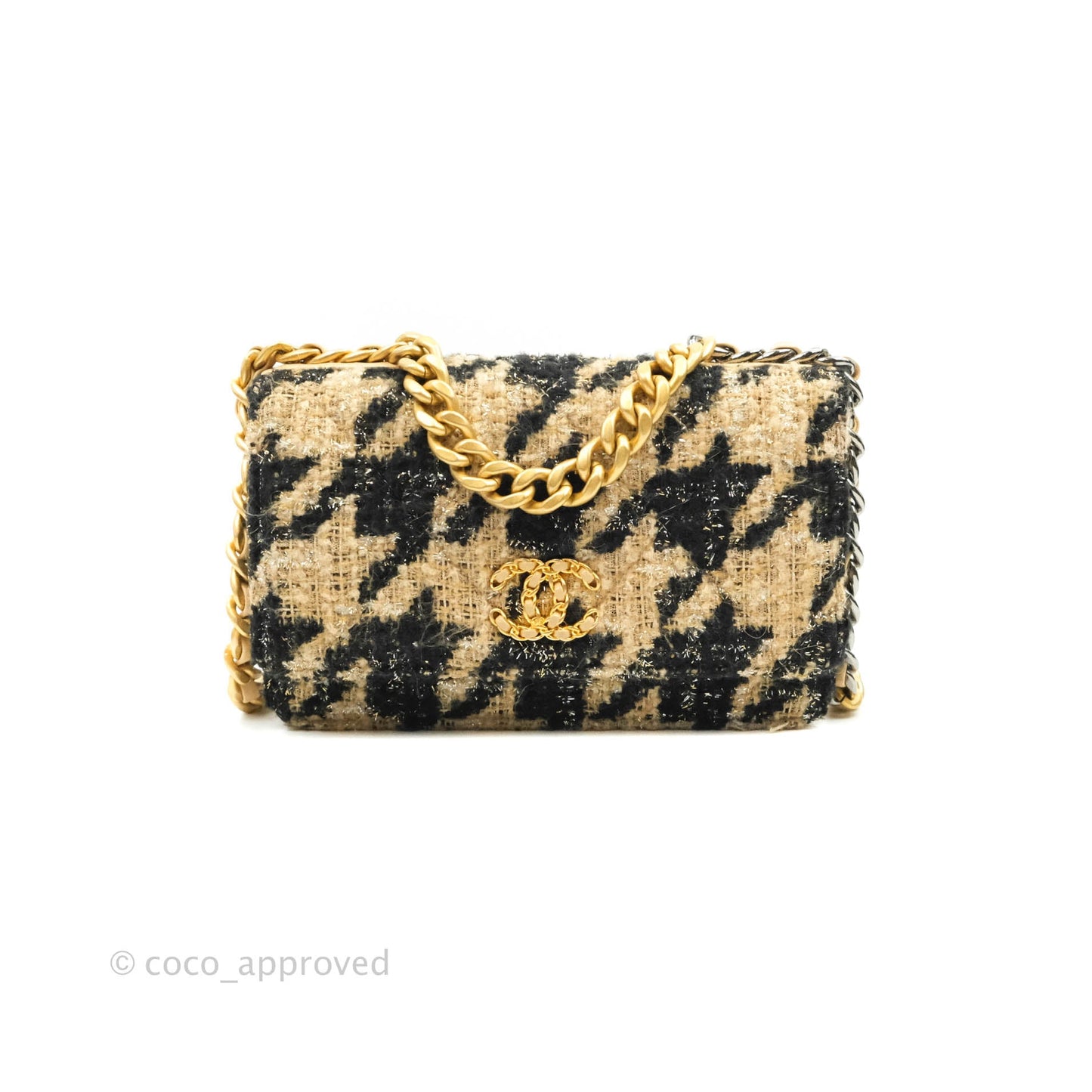 Chanel 19 Wallet On Chain WOC Houndstooth Beige Black Tweed Gold Hardware