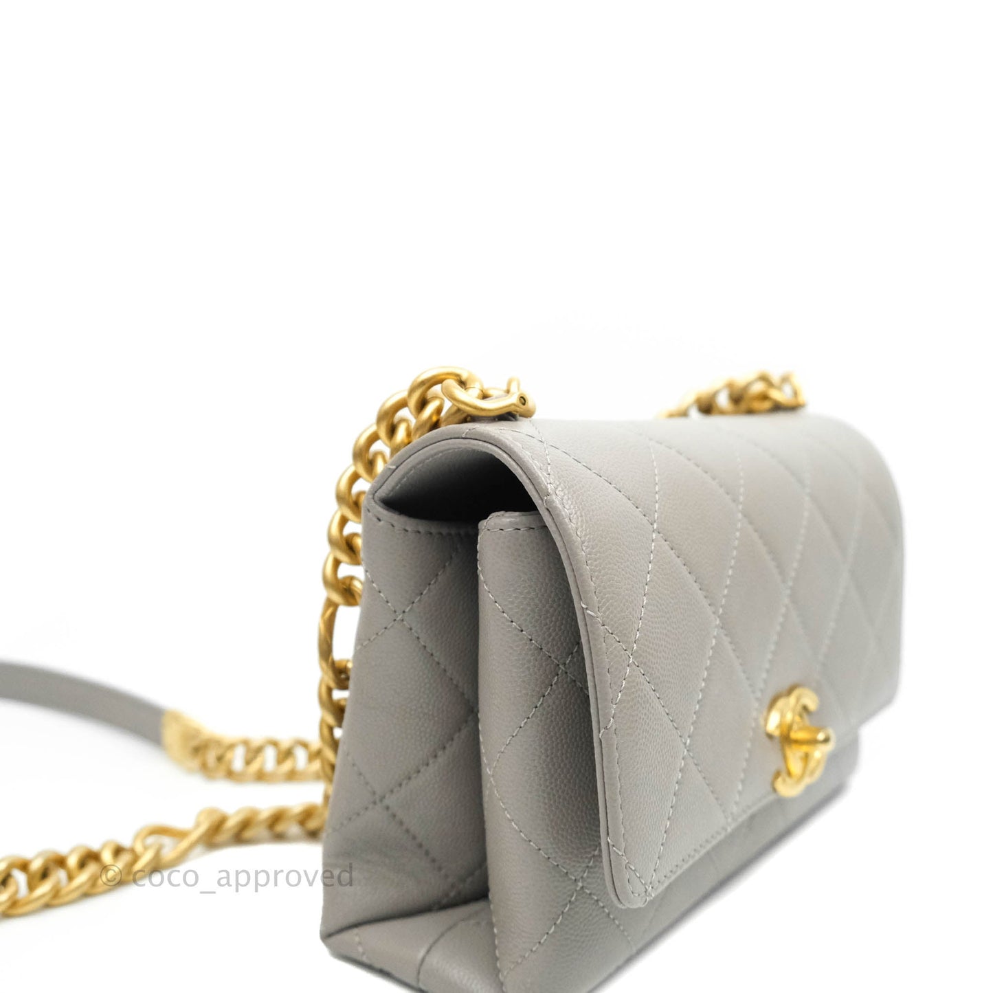 Chanel Flat Quilted Mini Flap Bag Grey Caviar Aged Gold Hardware 21B