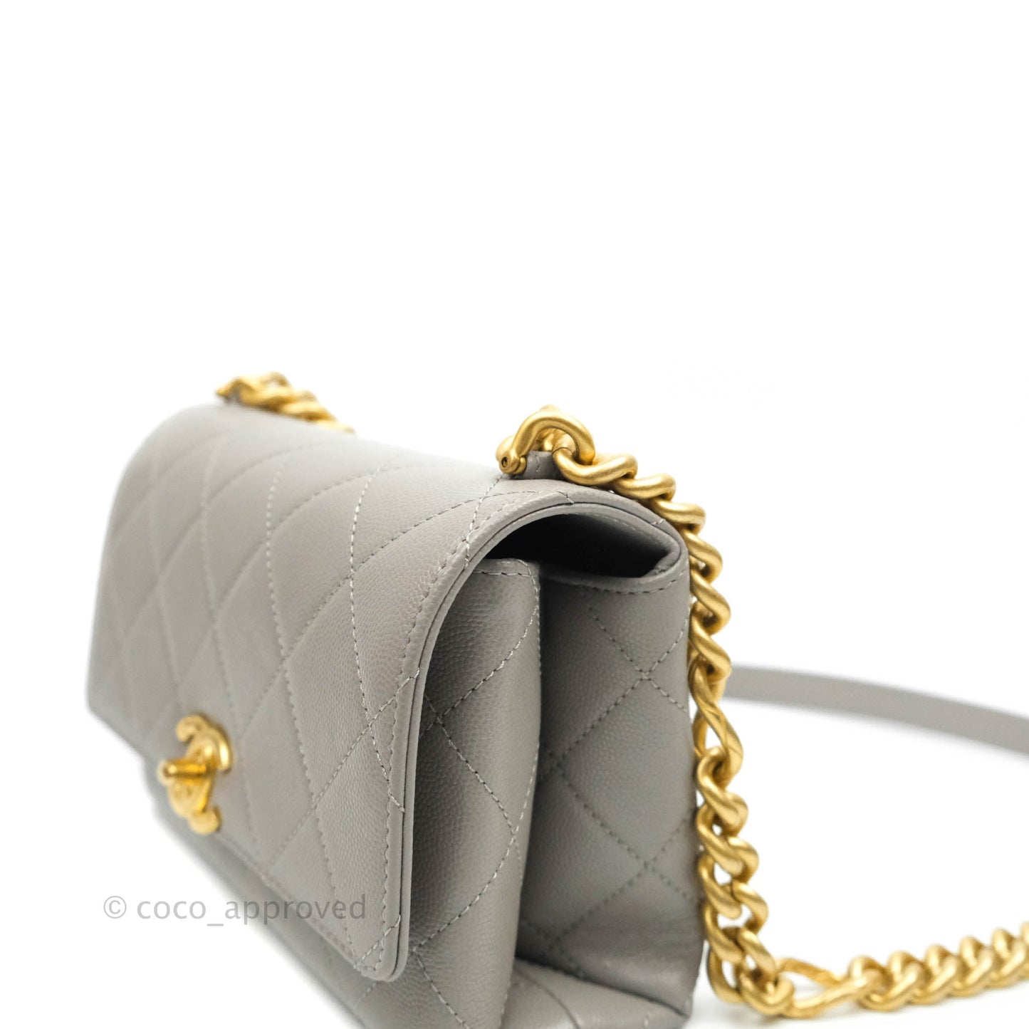 Chanel Flat Quilted Mini Flap Bag Grey Caviar Aged Gold Hardware 21B
