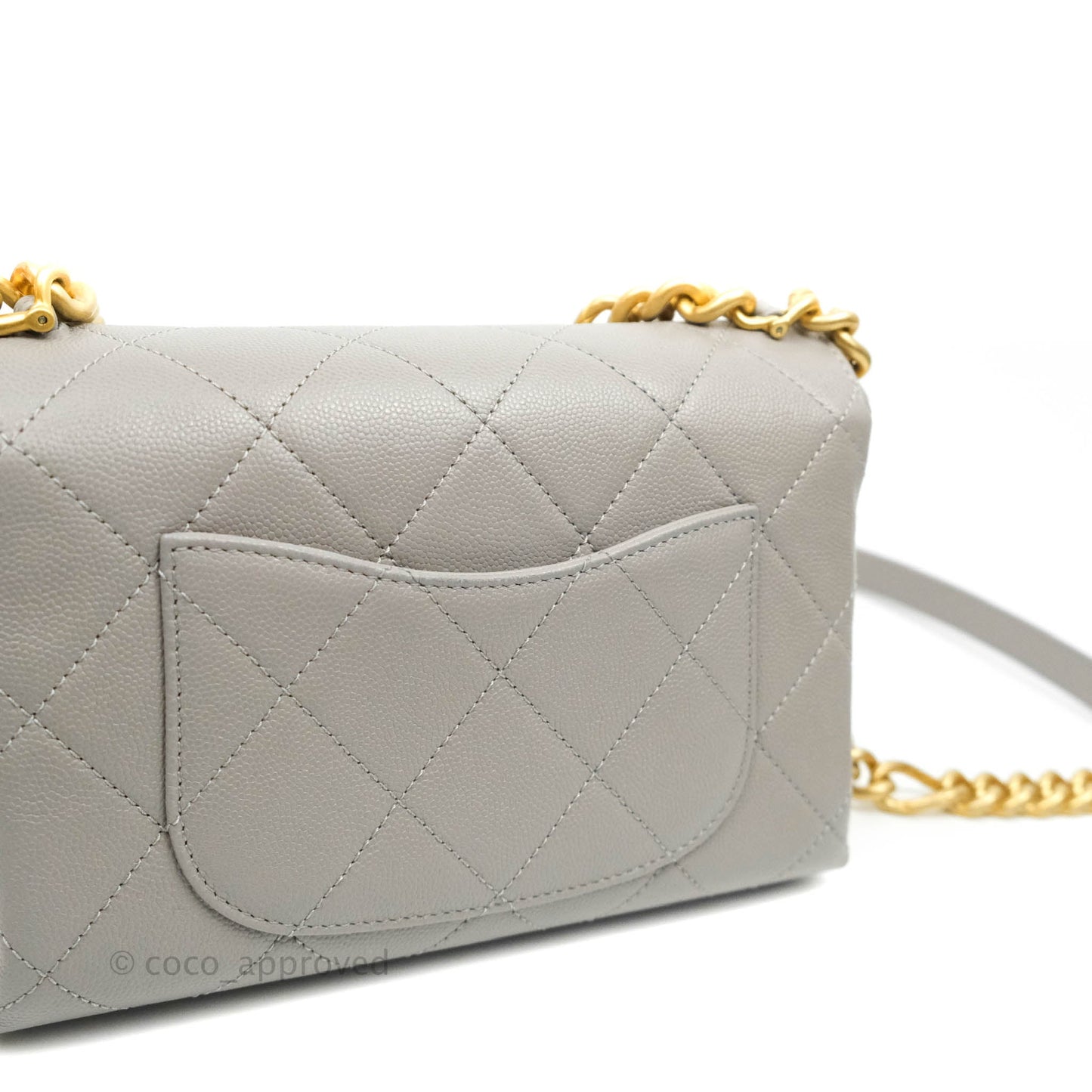 Chanel Flat Quilted Mini Flap Bag Grey Caviar Aged Gold Hardware 21B