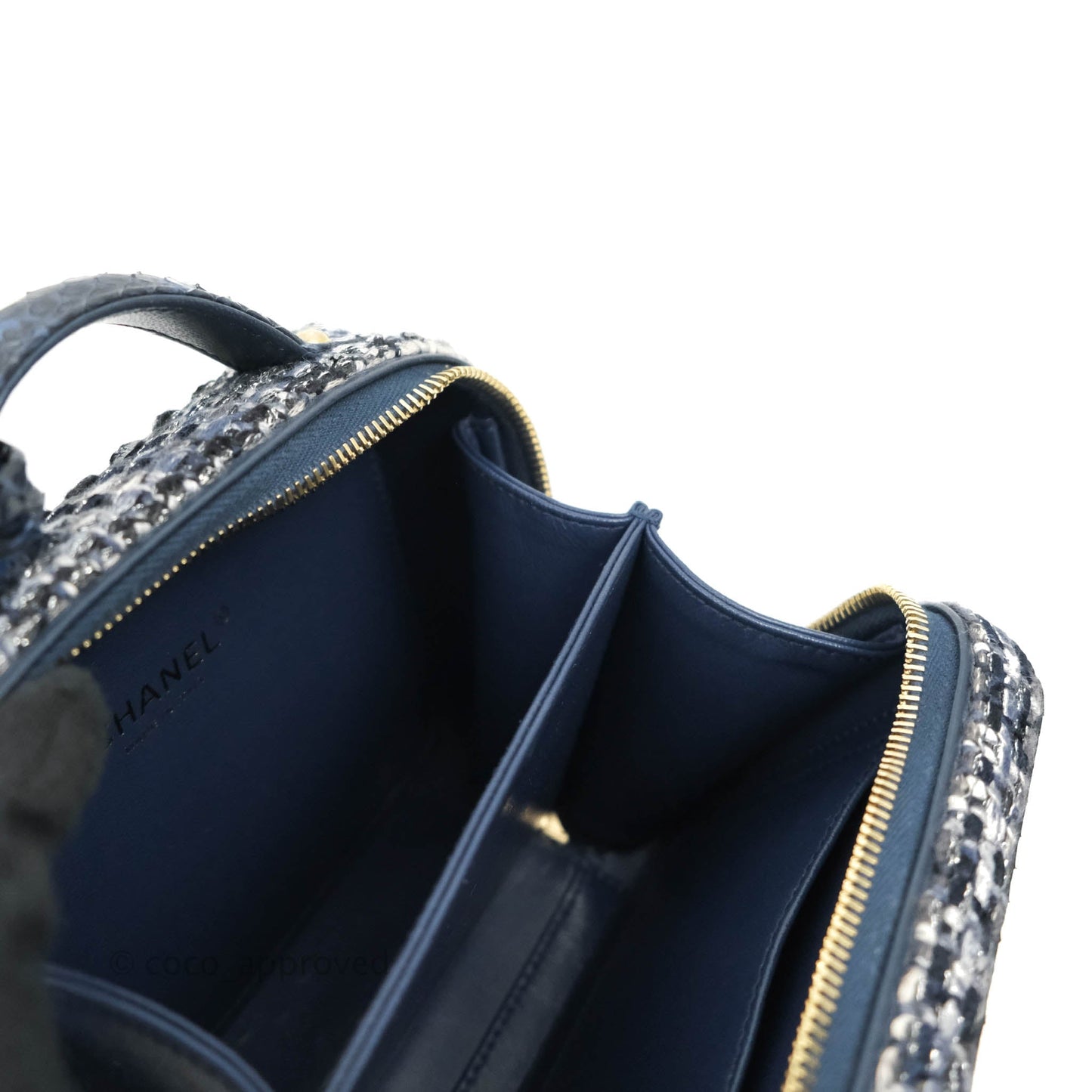 Chanel Quilted Small CC Filigree Vanity Case Navy Tweed Python Handle