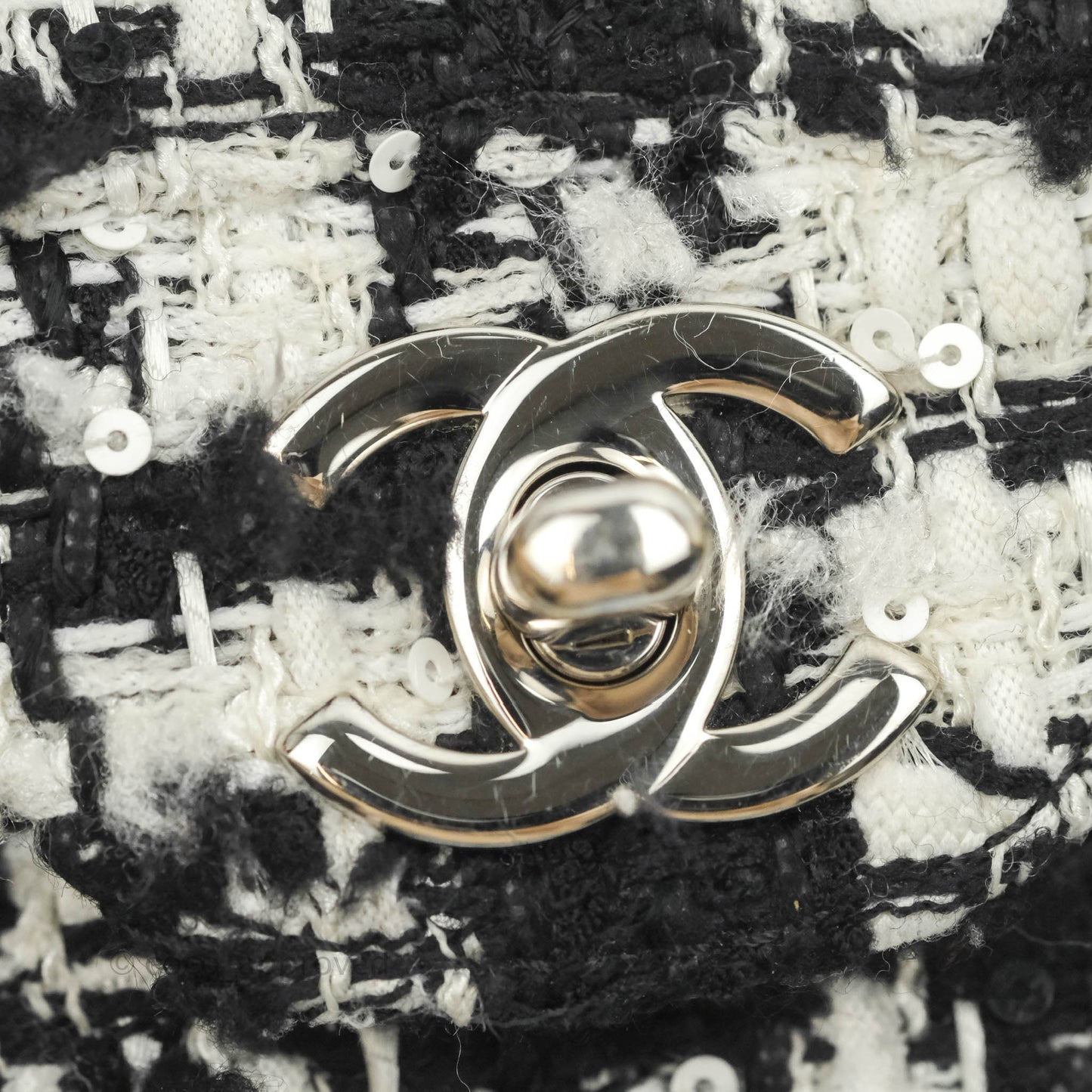 Chanel Quilted M/L Medium Double Flap Black White Tweed Silver Hardware