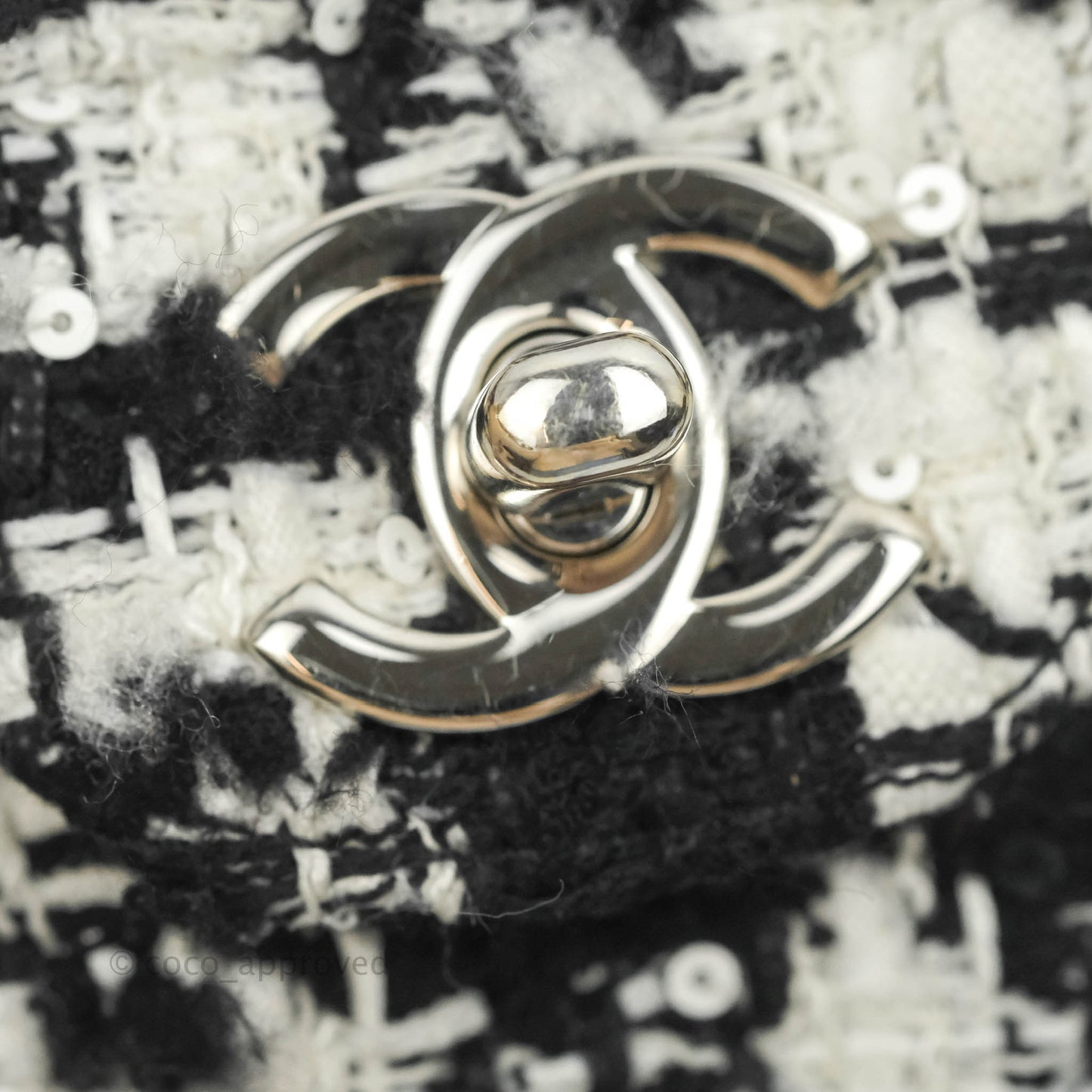 Chanel Quilted M/L Medium Double Flap Black White Tweed Silver Hardware