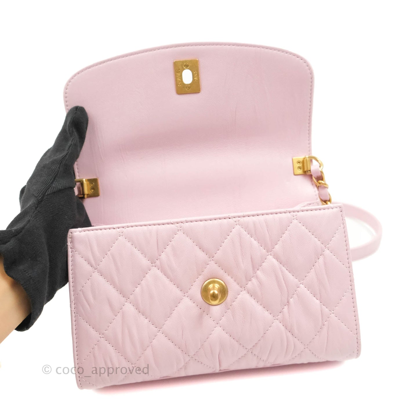 Chanel Mini Flap Bag with Top Handle Pink Crumpled Lambskin Aged Gold Hardware