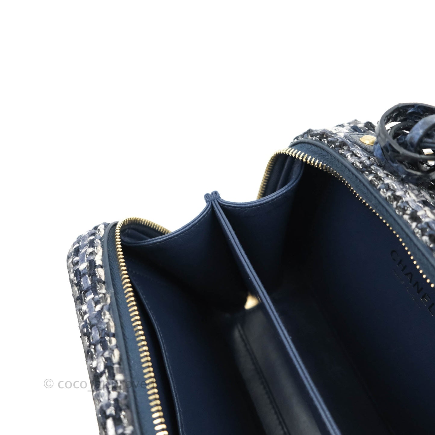Chanel Quilted Small CC Filigree Vanity Case Navy Tweed Python Handle