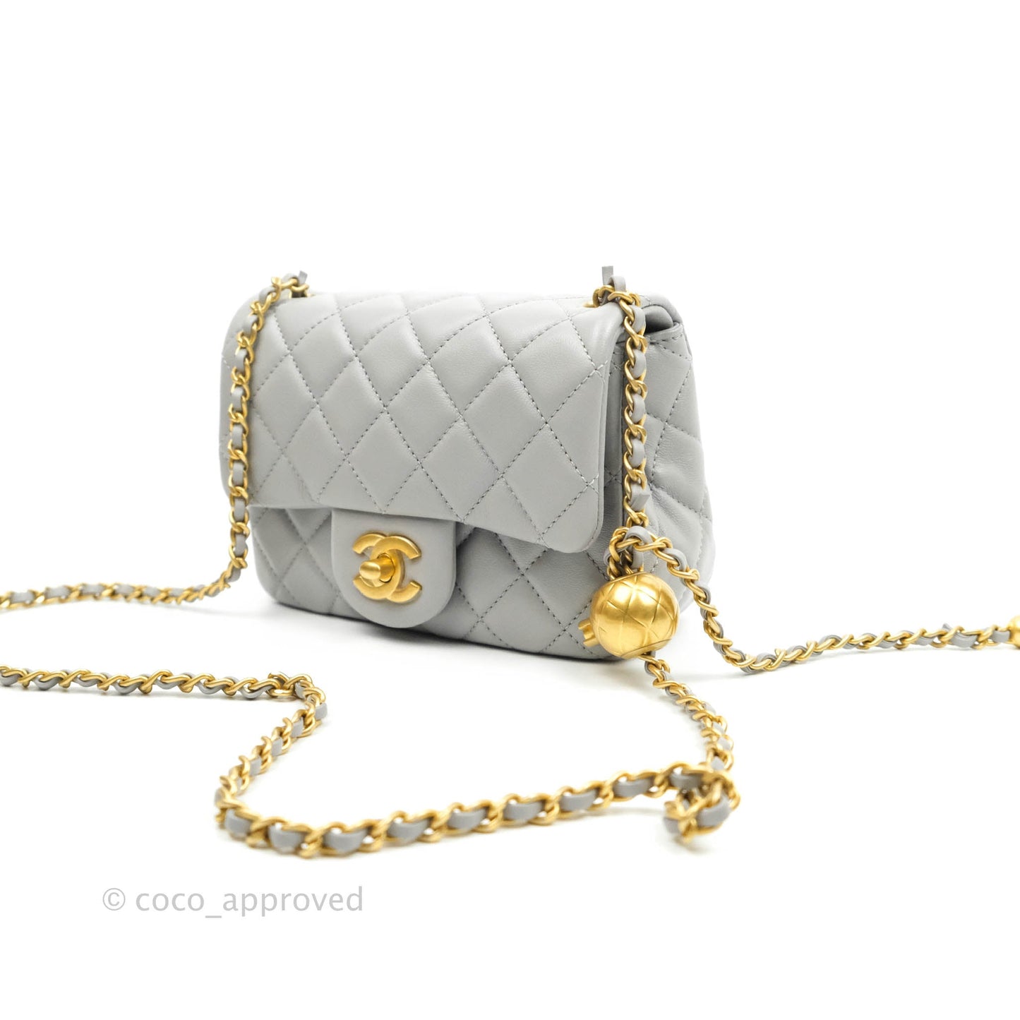 Chanel Pearl Crush Mini Square Quilted Grey Lambskin Aged Gold Hardware