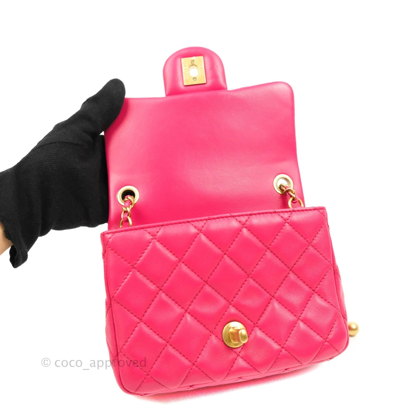 Chanel Pearl Crush Mini Square Quilted Pink Lambskin Aged Gold Hardware