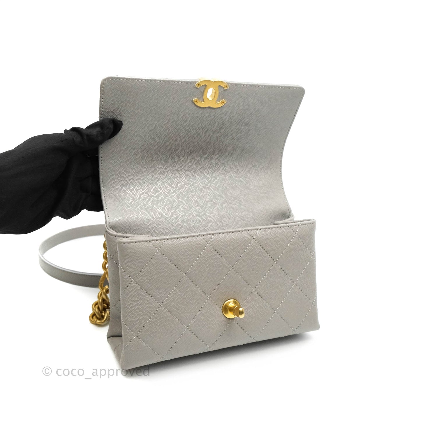 Chanel Flat Quilted Mini Flap Bag Grey Caviar Aged Gold Hardware 21B
