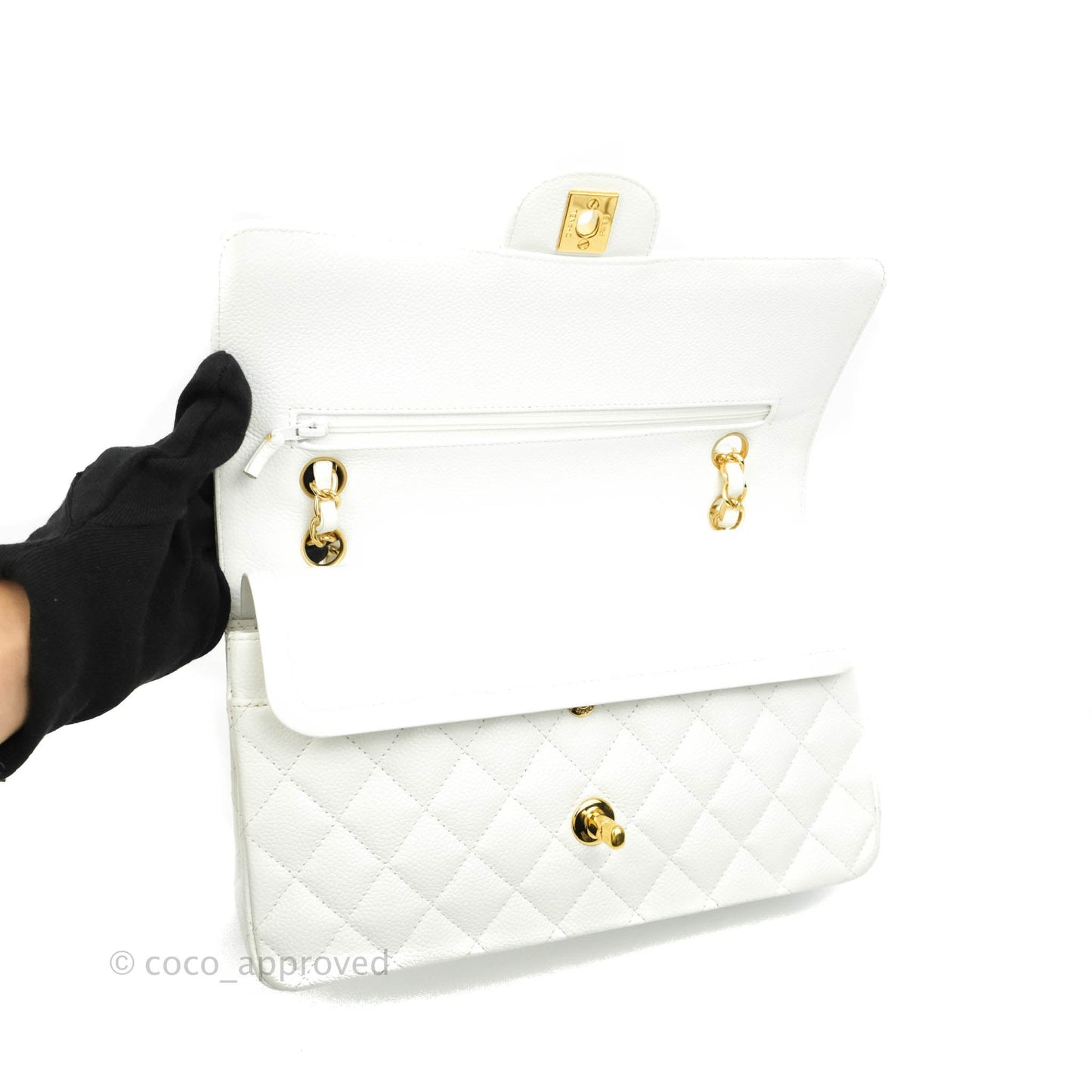 Chanel Quilted M/L Medium Double Flap White Caviar Gold Hardware