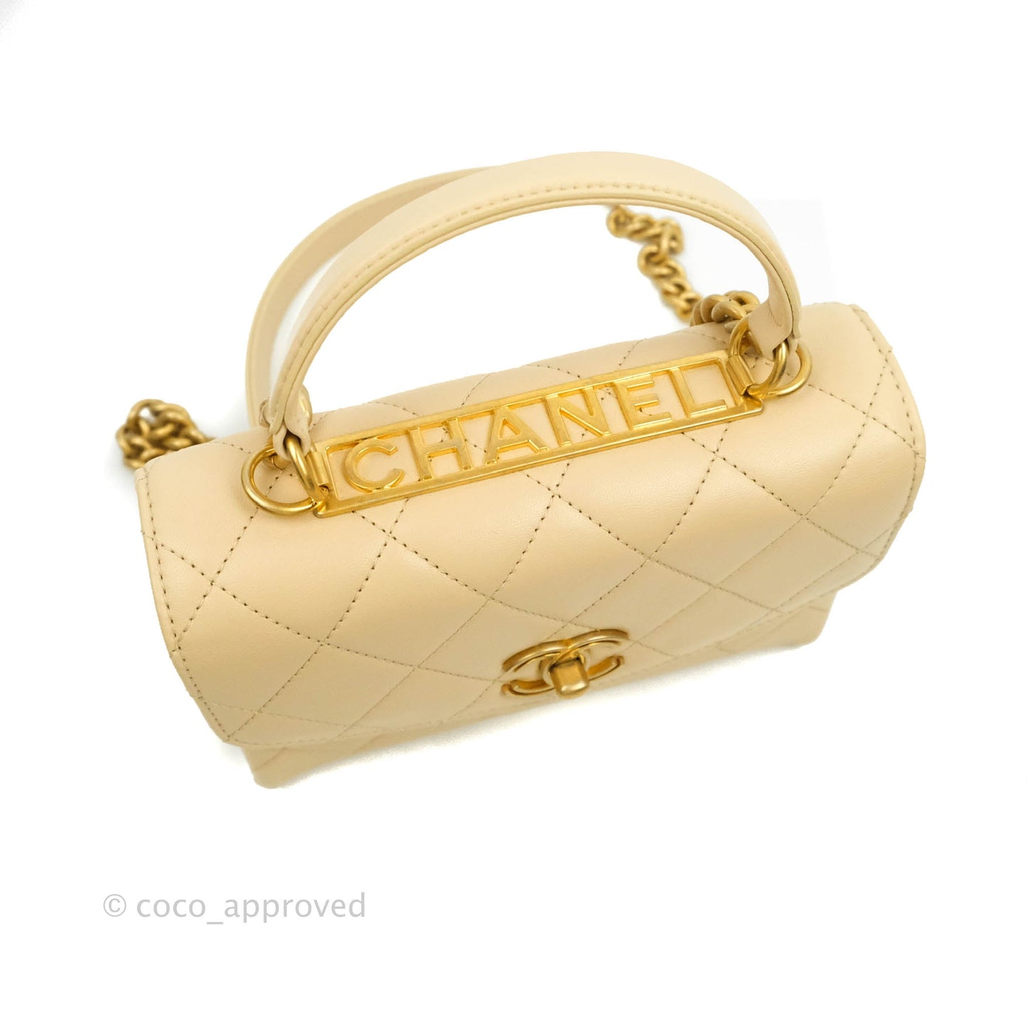 Chanel Top Handle Flap Bag Light Beige Lambskin Aged Gold Hardware