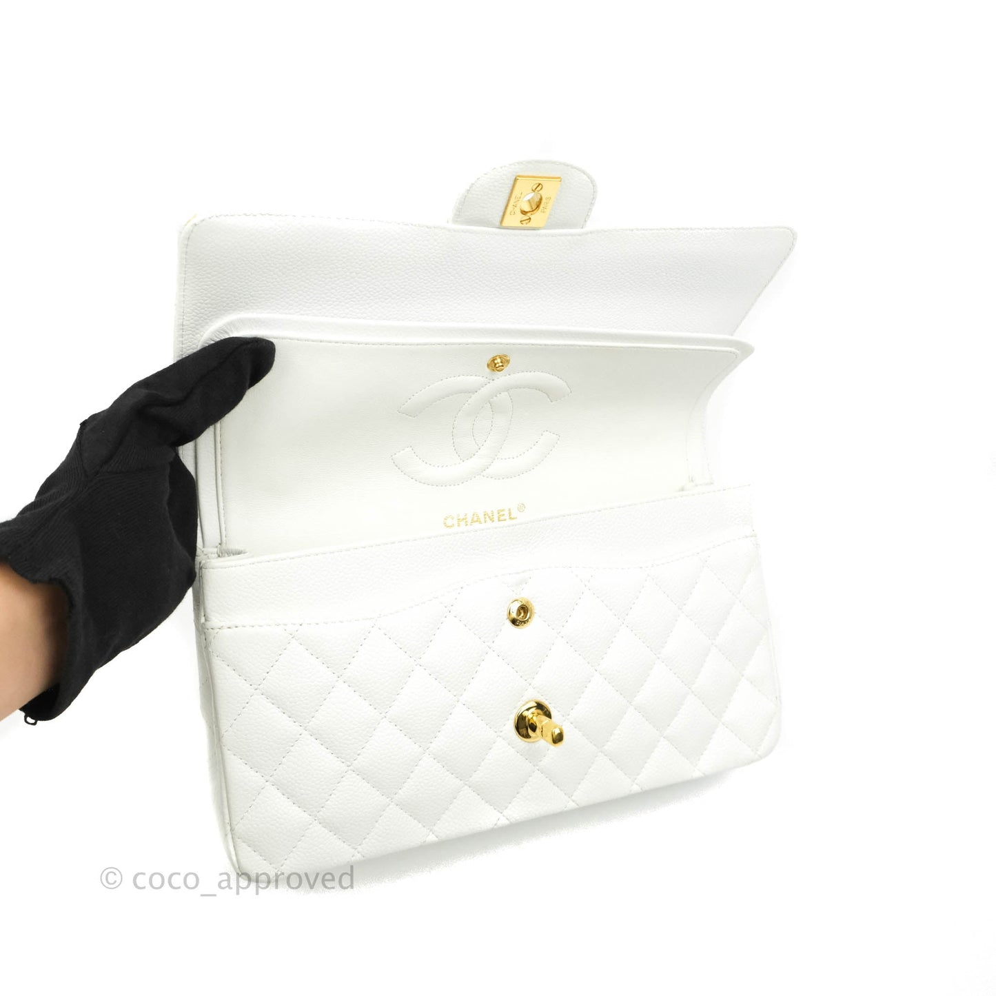 Chanel Quilted M/L Medium Double Flap White Caviar Gold Hardware